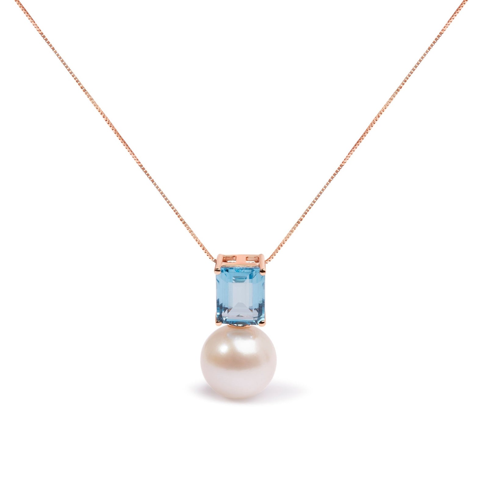 14K Rose Gold 11MM Cultured Freshwater Pearl and 9x7mm Octagon Swiss Blue Topaz Pendant Necklace - 18" Inches - LinkagejewelrydesignLinkagejewelrydesign