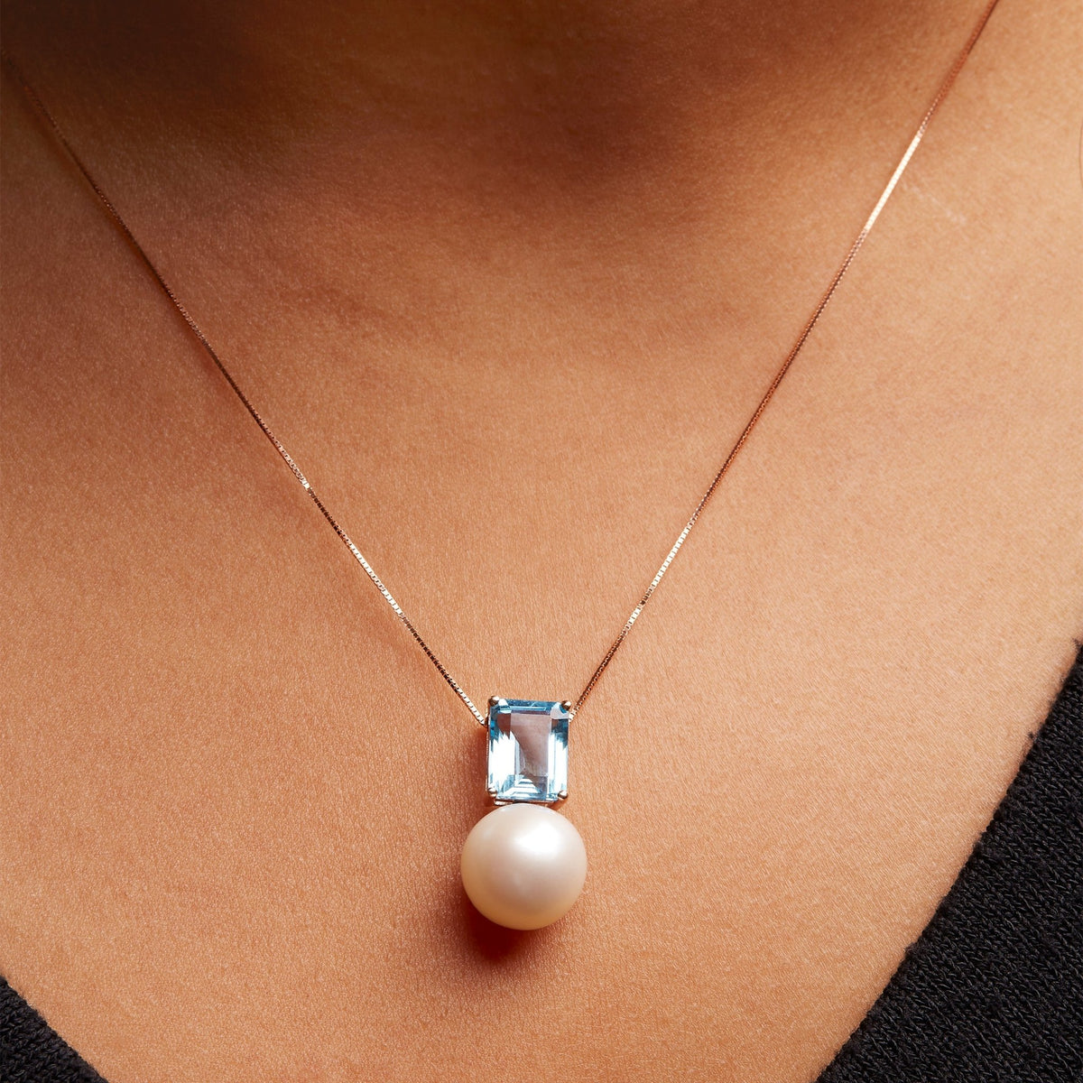 14K Rose Gold 11MM Cultured Freshwater Pearl and 9x7mm Octagon Swiss Blue Topaz Pendant Necklace - 18&quot; Inches - LinkagejewelrydesignLinkagejewelrydesign