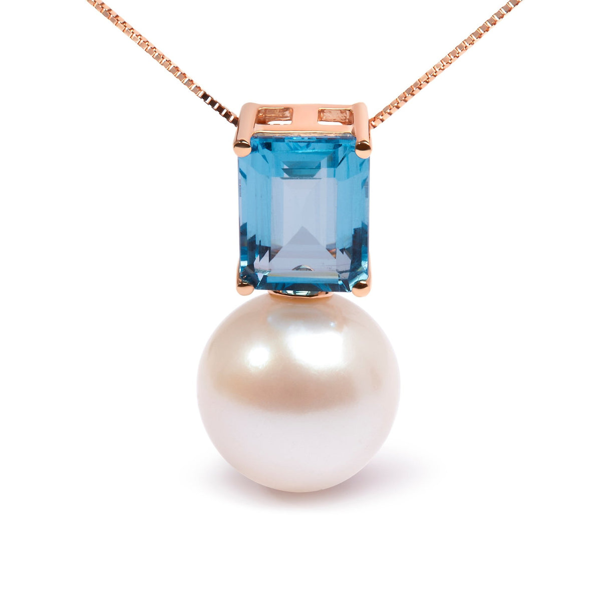 14K Rose Gold 11MM Cultured Freshwater Pearl and 9x7mm Octagon Swiss Blue Topaz Pendant Necklace - 18&quot; Inches - LinkagejewelrydesignLinkagejewelrydesign