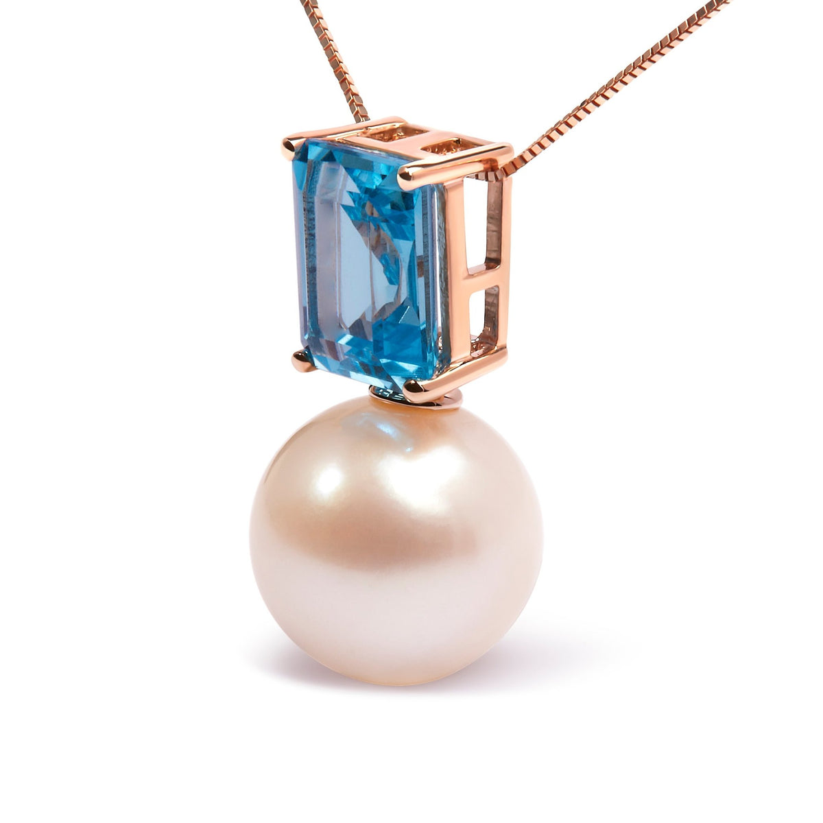 14K Rose Gold 11MM Cultured Freshwater Pearl and 9x7mm Octagon Swiss Blue Topaz Pendant Necklace - 18&quot; Inches - LinkagejewelrydesignLinkagejewelrydesign
