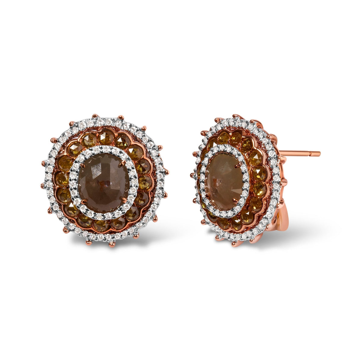 14K Rose Gold 3 1/2 Cttw Fancy Rose Cut Diamond Circle Shaped Triple Halo Stud Earring (Fancy Color, I2-I3 clarity) - LinkagejewelrydesignLinkagejewelrydesign