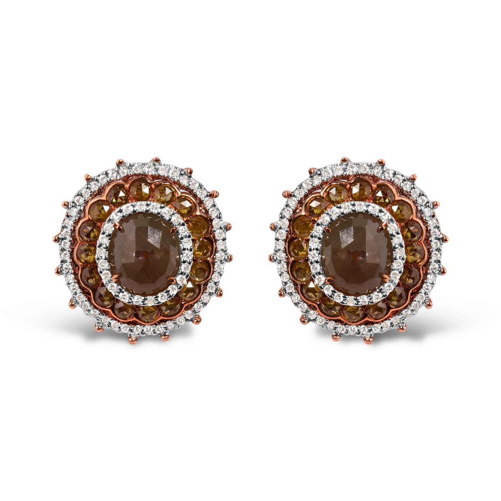 14K Rose Gold 3 1/2 Cttw Fancy Rose Cut Diamond Circle Shaped Triple Halo Stud Earring (Fancy Color, I2-I3 clarity) - LinkagejewelrydesignLinkagejewelrydesign