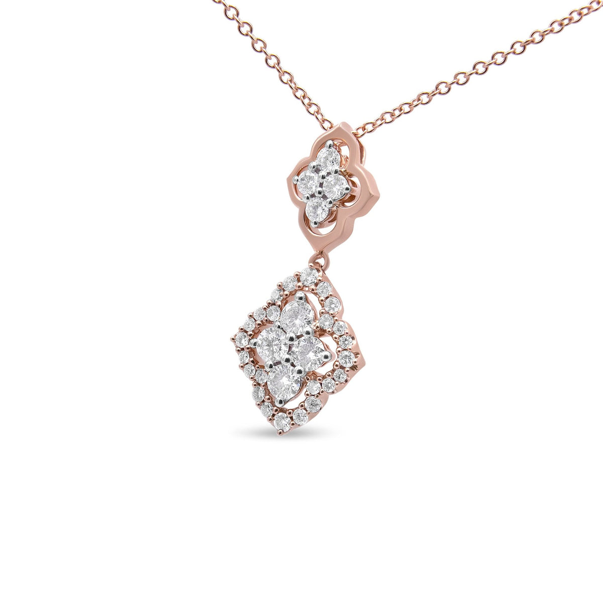 14K Rose Gold 3/4 Cttw Round Diamond Double Quatrefoil Pendant 18&quot; Necklace (H-I Color, I1-I2 Clarity) - LinkagejewelrydesignLinkagejewelrydesign