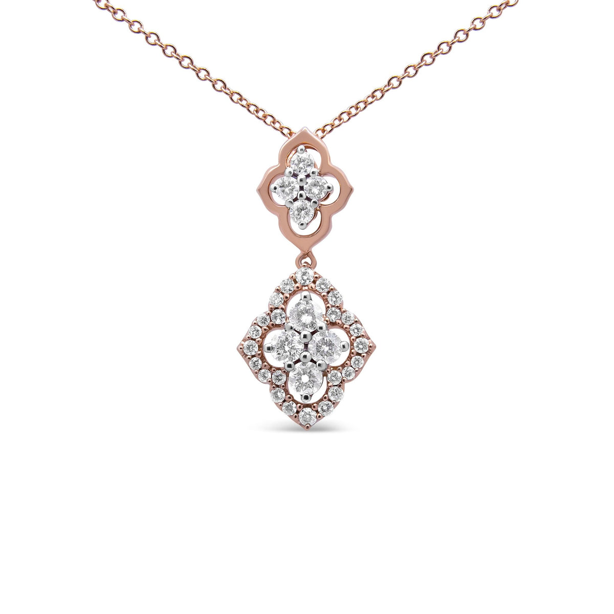 14K Rose Gold 3/4 Cttw Round Diamond Double Quatrefoil Pendant 18&quot; Necklace (H-I Color, I1-I2 Clarity) - LinkagejewelrydesignLinkagejewelrydesign