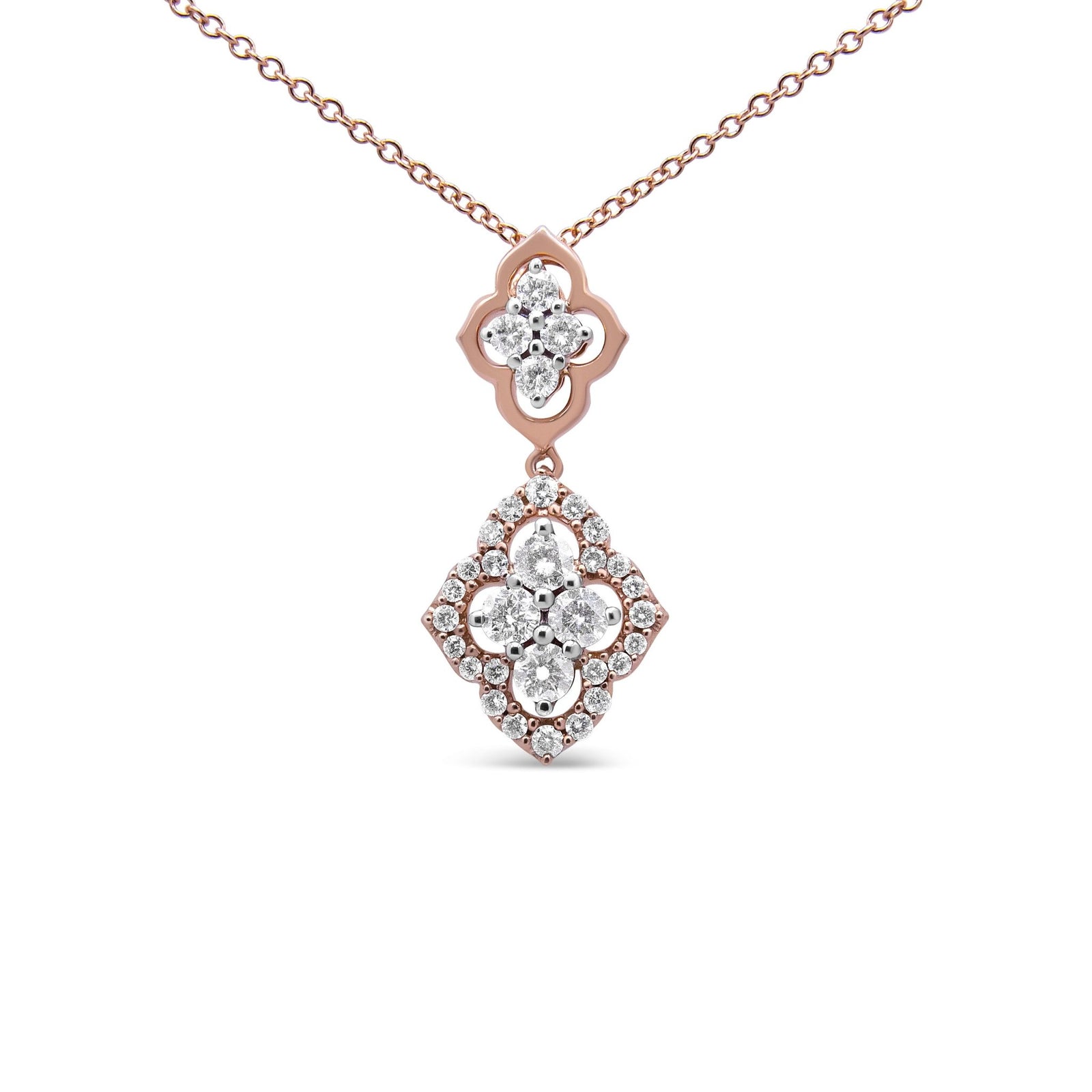 14K Rose Gold 3/4 Cttw Round Diamond Double Quatrefoil Pendant 18" Necklace (H-I Color, I1-I2 Clarity) - LinkagejewelrydesignLinkagejewelrydesign