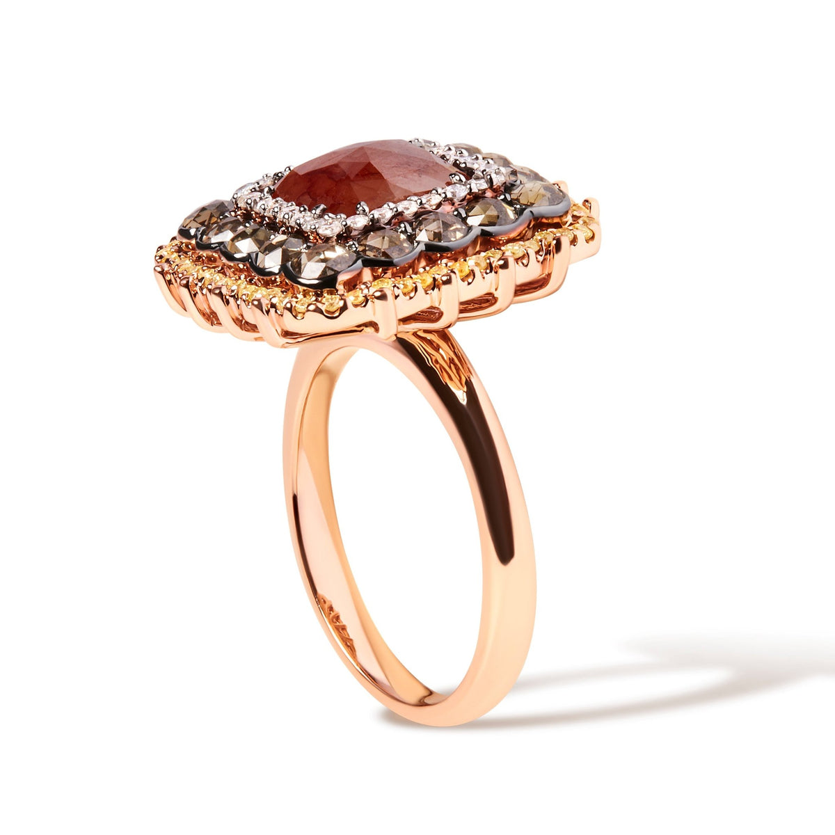 14K Rose Gold 4 1/3 Cttw Fancy Color Rose Cut Diamond Triple Halo Cocktail Ring (Fancy Color, I1-I2 Clarity) - Size 7 - LinkagejewelrydesignLinkagejewelrydesign