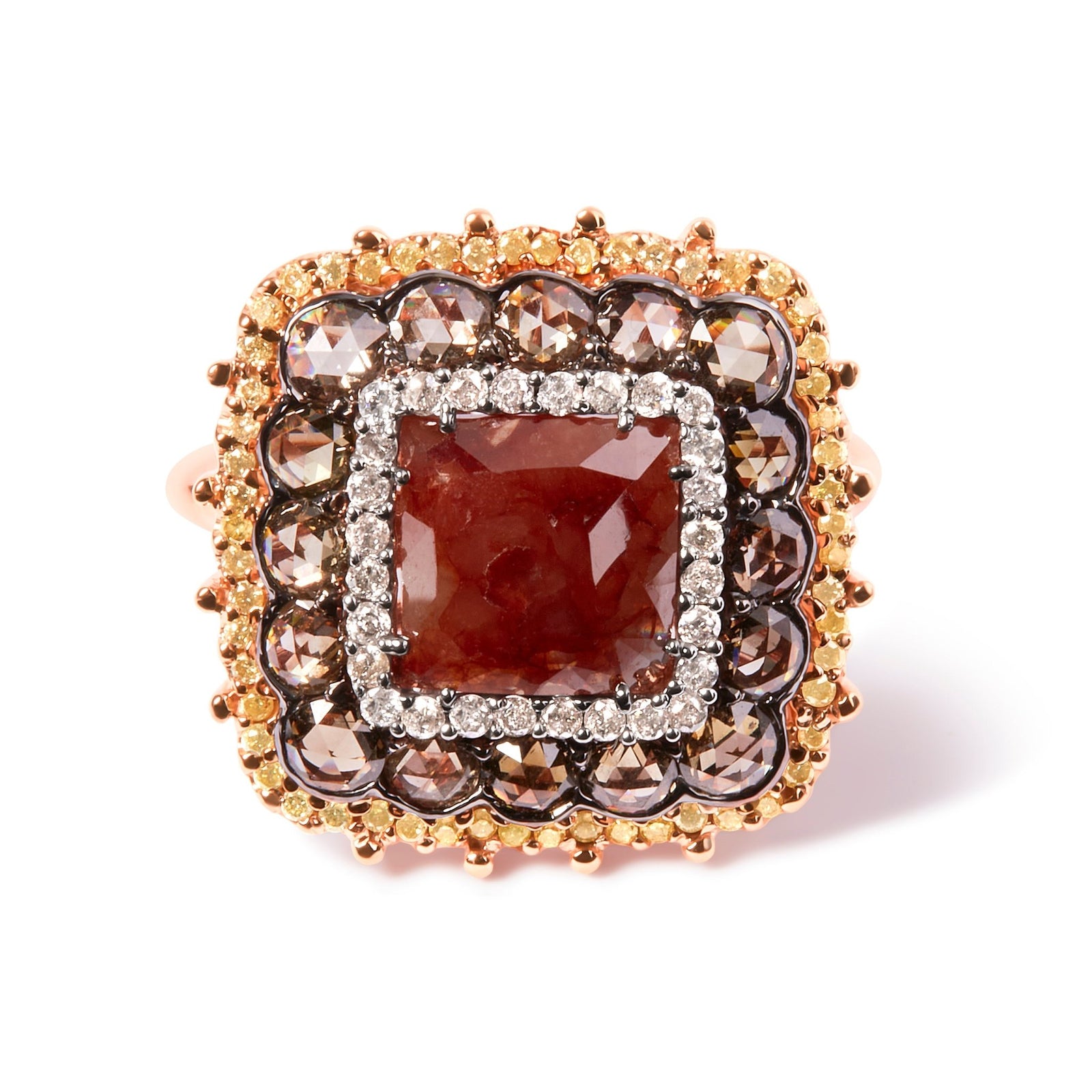 14K Rose Gold 4 1/3 Cttw Fancy Color Rose Cut Diamond Triple Halo Cocktail Ring (Fancy Color, I1-I2 Clarity) - Size 7 - LinkagejewelrydesignLinkagejewelrydesign