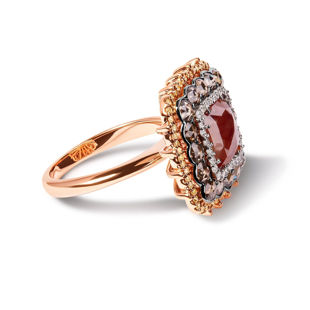 14K Rose Gold 4 1/3 Cttw Fancy Color Rose Cut Diamond Triple Halo Cocktail Ring (Fancy Color, I1-I2 Clarity) - Size 7 - LinkagejewelrydesignLinkagejewelrydesign