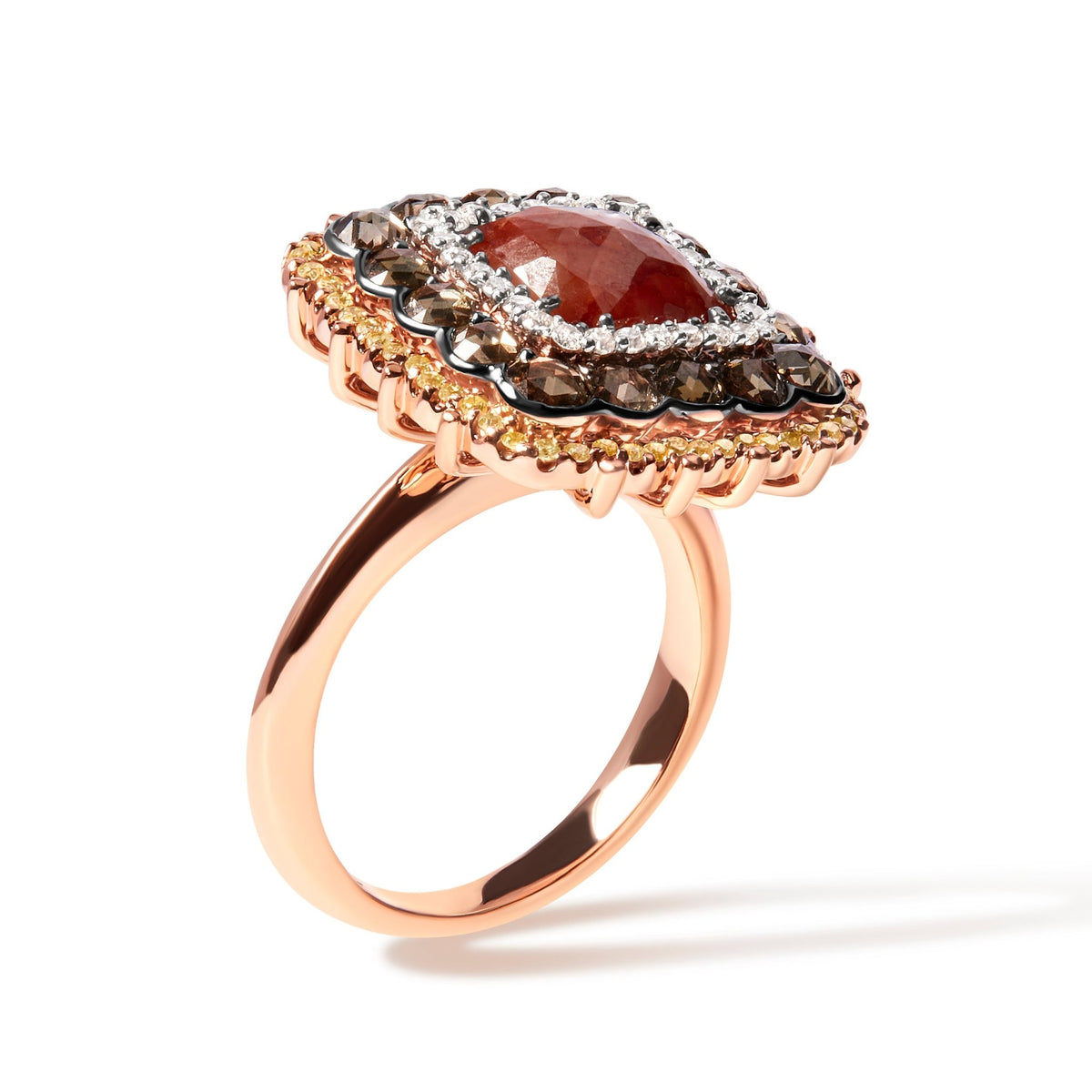 14K Rose Gold 4 1/3 Cttw Fancy Color Rose Cut Diamond Triple Halo Cocktail Ring (Fancy Color, I1-I2 Clarity) - Size 7 - LinkagejewelrydesignLinkagejewelrydesign
