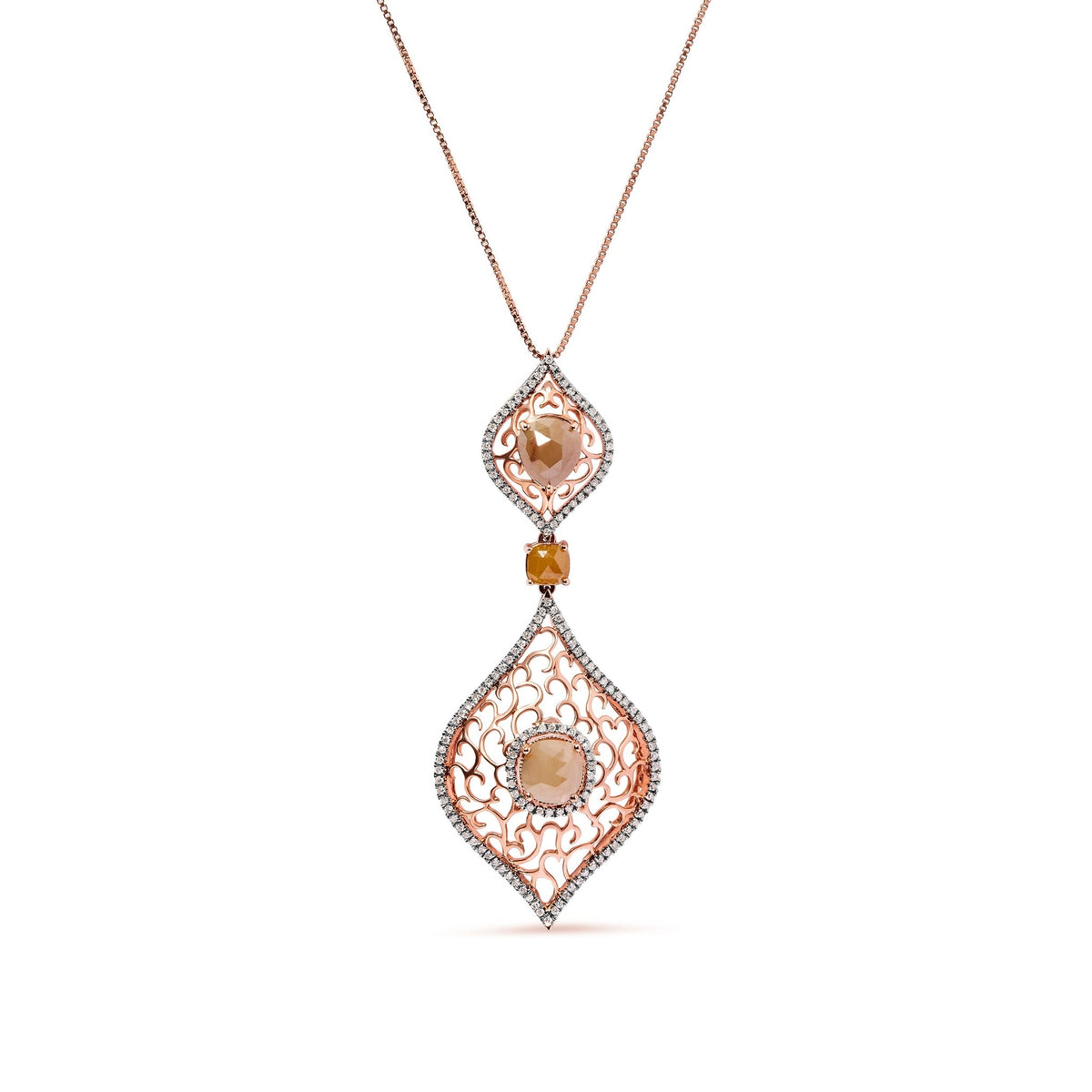 14K Rose Gold 4 5/8 Cttw Rose Cut Diamond and White Diamond Double Floral Rhombus 18&quot; Inch Pendant Necklace (Brown/I-J Color, I1-I2 Clarity) - LinkagejewelrydesignLinkagejewelrydesign