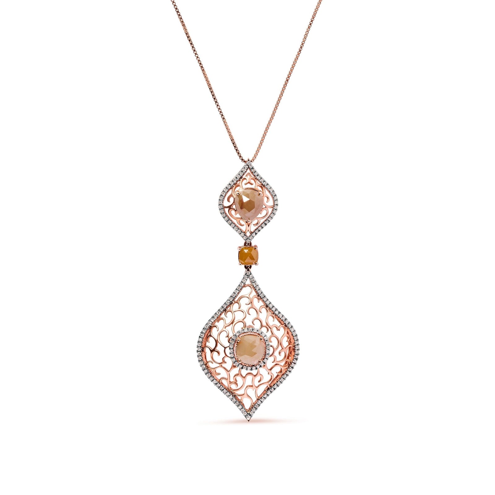 14K Rose Gold 4 5/8 Cttw Rose Cut Diamond and White Diamond Double Floral Rhombus 18" Inch Pendant Necklace (Brown/I-J Color, I1-I2 Clarity) - LinkagejewelrydesignLinkagejewelrydesign