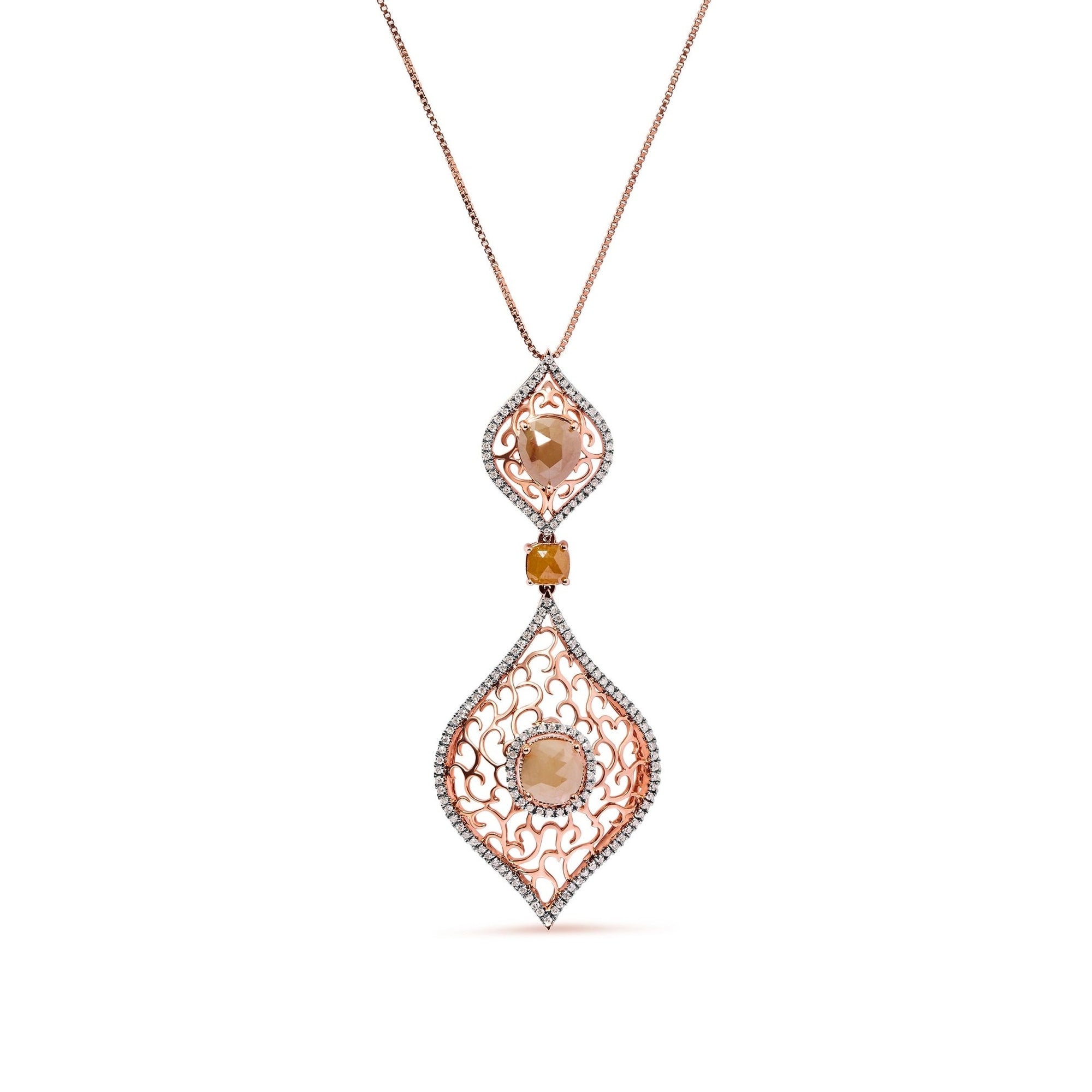 14K Rose Gold 4 5/8 Cttw Rose Cut Diamond and White Diamond Double Floral Rhombus 18" Inch Pendant Necklace (Brown/I-J Color, I1-I2 Clarity) - LinkagejewelrydesignLinkagejewelrydesign
