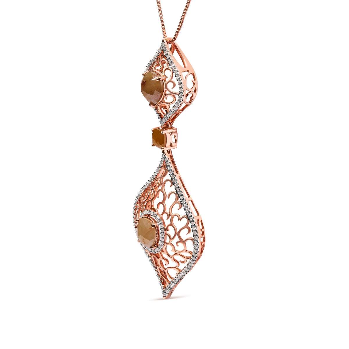 14K Rose Gold 4 5/8 Cttw Rose Cut Diamond and White Diamond Double Floral Rhombus 18&quot; Inch Pendant Necklace (Brown/I-J Color, I1-I2 Clarity) - LinkagejewelrydesignLinkagejewelrydesign