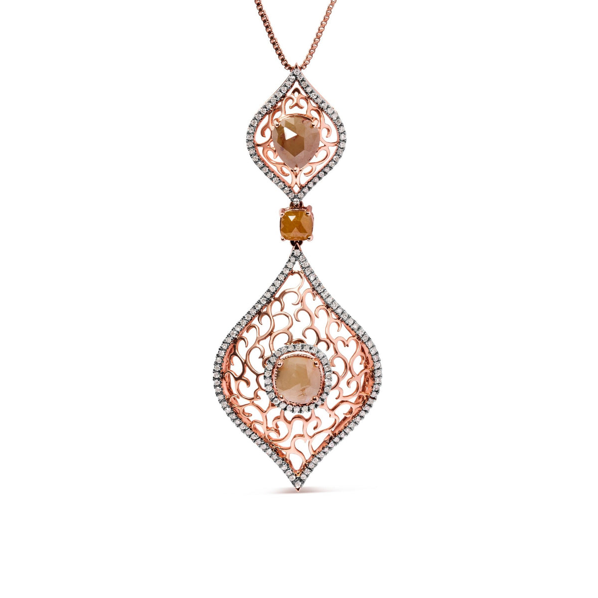 14K Rose Gold 4 5/8 Cttw Rose Cut Diamond and White Diamond Double Floral Rhombus 18&quot; Inch Pendant Necklace (Brown/I-J Color, I1-I2 Clarity) - LinkagejewelrydesignLinkagejewelrydesign