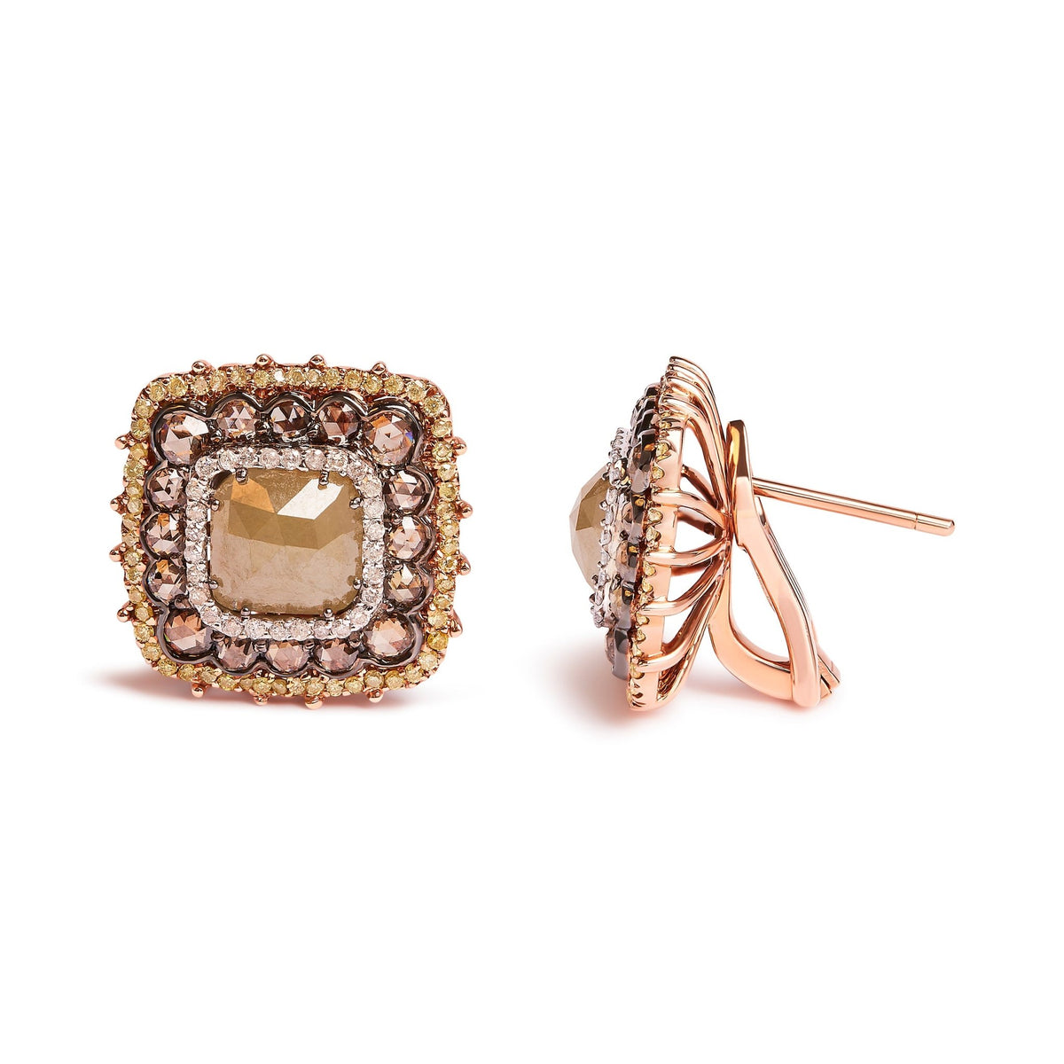 14K Rose Gold 5 7/8 Cttw Fancy Color Rose Cut Diamond Cushion Shape Triple Halo Stud Earring (Fancy Color, I2-I3 Clarity) - LinkagejewelrydesignLinkagejewelrydesign