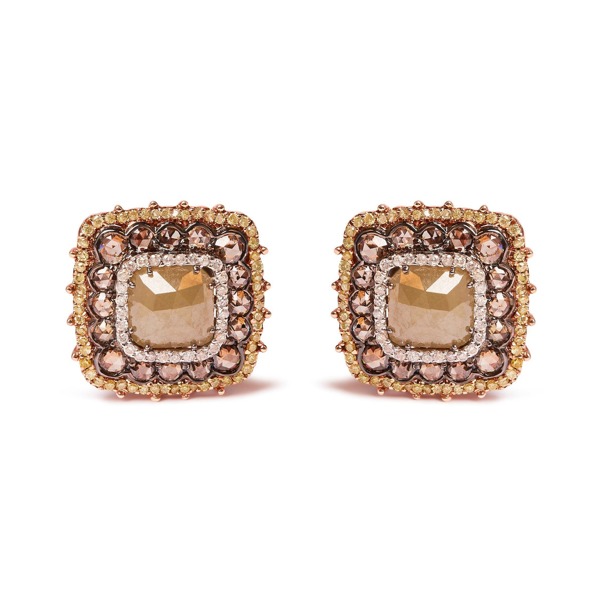 14K Rose Gold 5 7/8 Cttw Fancy Color Rose Cut Diamond Cushion Shape Triple Halo Stud Earring (Fancy Color, I2-I3 Clarity) - LinkagejewelrydesignLinkagejewelrydesign