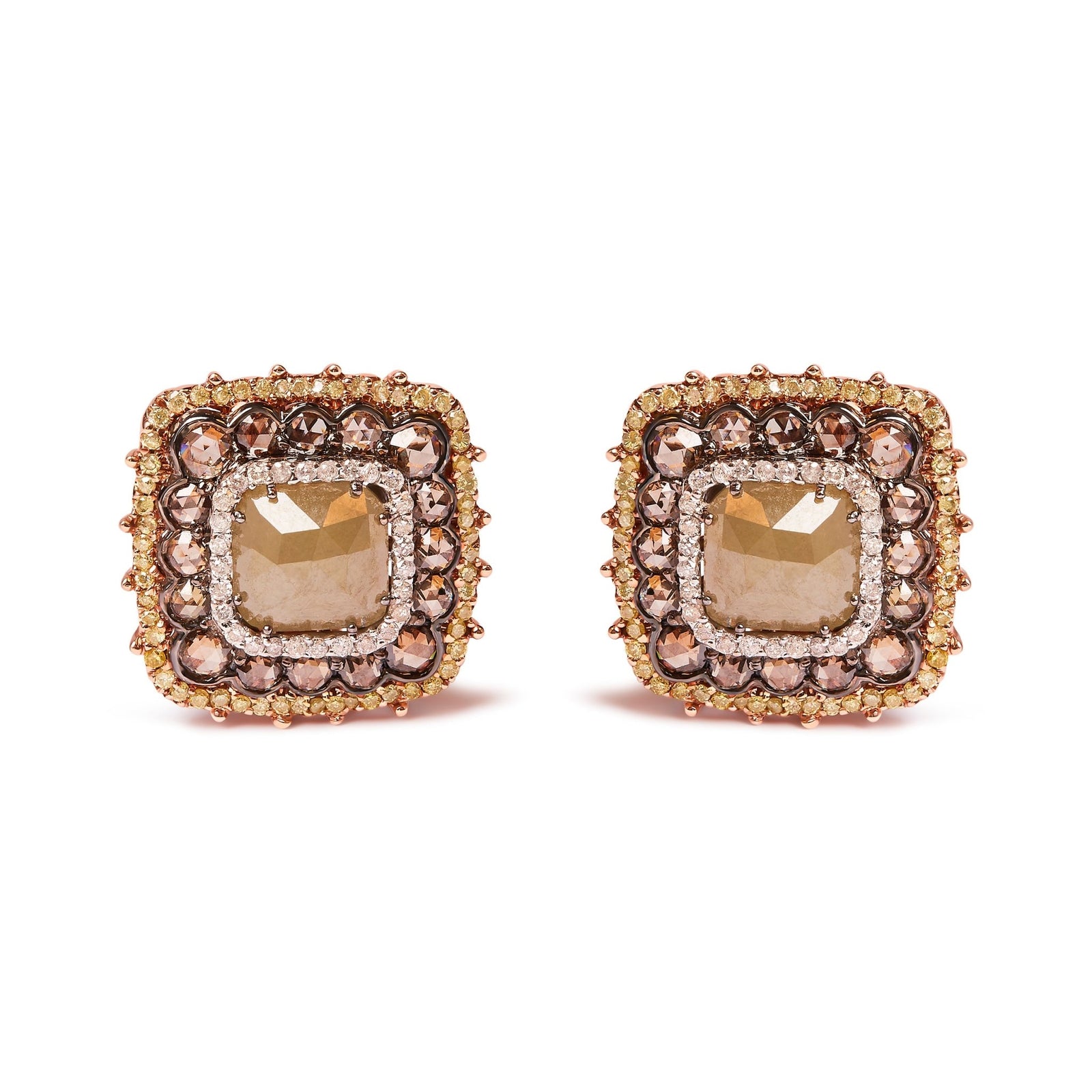 14K Rose Gold 5 7/8 Cttw Fancy Color Rose Cut Diamond Cushion Shape Triple Halo Stud Earring (Fancy Color, I2-I3 Clarity) - LinkagejewelrydesignLinkagejewelrydesign