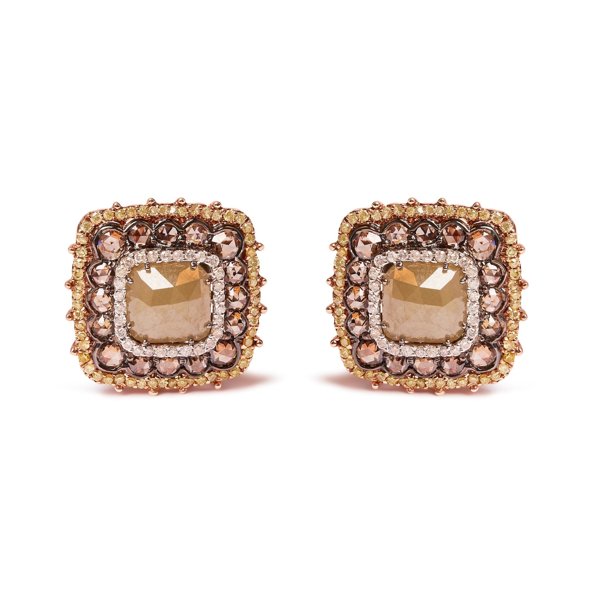 14K Rose Gold 5 7/8 Cttw Fancy Color Rose Cut Diamond Cushion Shape Triple Halo Stud Earring (Fancy Color, I2-I3 Clarity) - LinkagejewelrydesignLinkagejewelrydesign