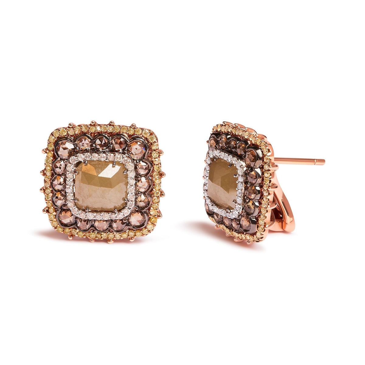 14K Rose Gold 5 7/8 Cttw Fancy Color Rose Cut Diamond Cushion Shape Triple Halo Stud Earring (Fancy Color, I2-I3 Clarity) - LinkagejewelrydesignLinkagejewelrydesign