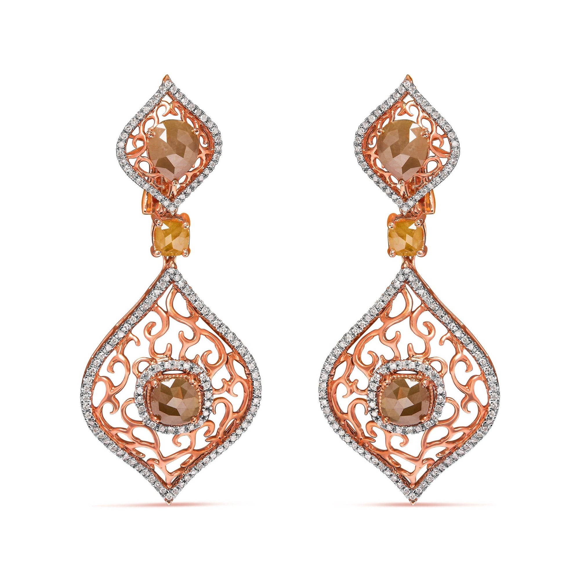 14K Rose Gold 6 7/8 Cttw Rose Cut Diamond Double Curve Rhombus Drop and Dangle Earring (Fancy Color, I2-I3 Clarity) - LinkagejewelrydesignLinkagejewelrydesign
