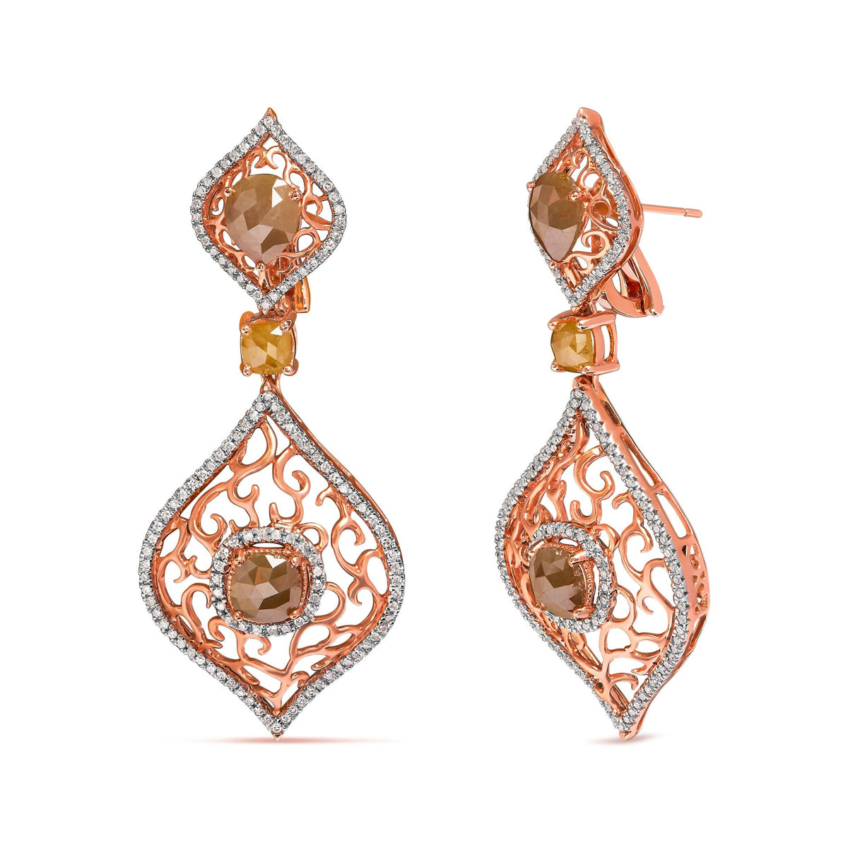 14K Rose Gold 6 7/8 Cttw Rose Cut Diamond Double Curve Rhombus Drop and Dangle Earring (Fancy Color, I2-I3 Clarity) - LinkagejewelrydesignLinkagejewelrydesign