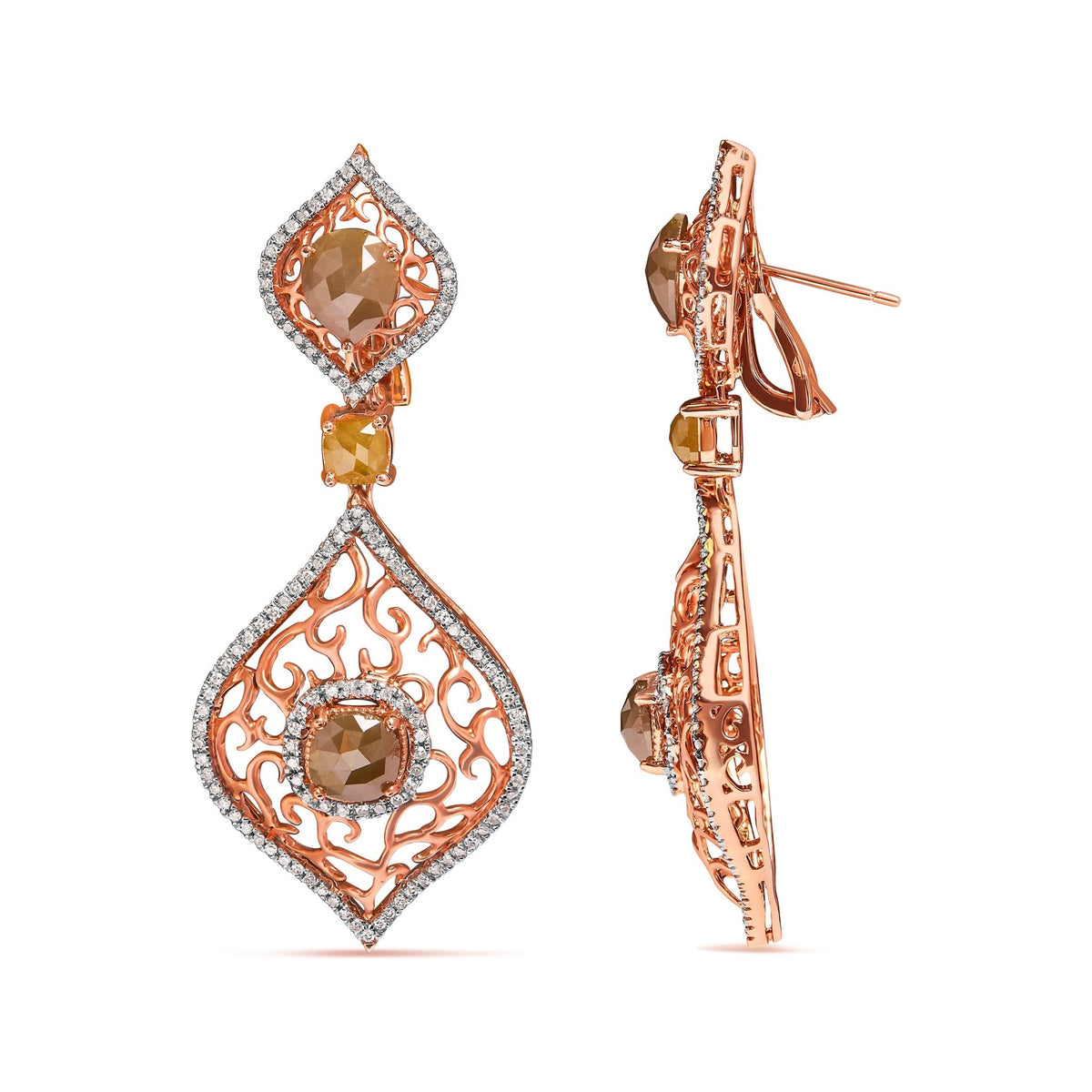 14K Rose Gold 6 7/8 Cttw Rose Cut Diamond Double Curve Rhombus Drop and Dangle Earring (Fancy Color, I2-I3 Clarity) - LinkagejewelrydesignLinkagejewelrydesign