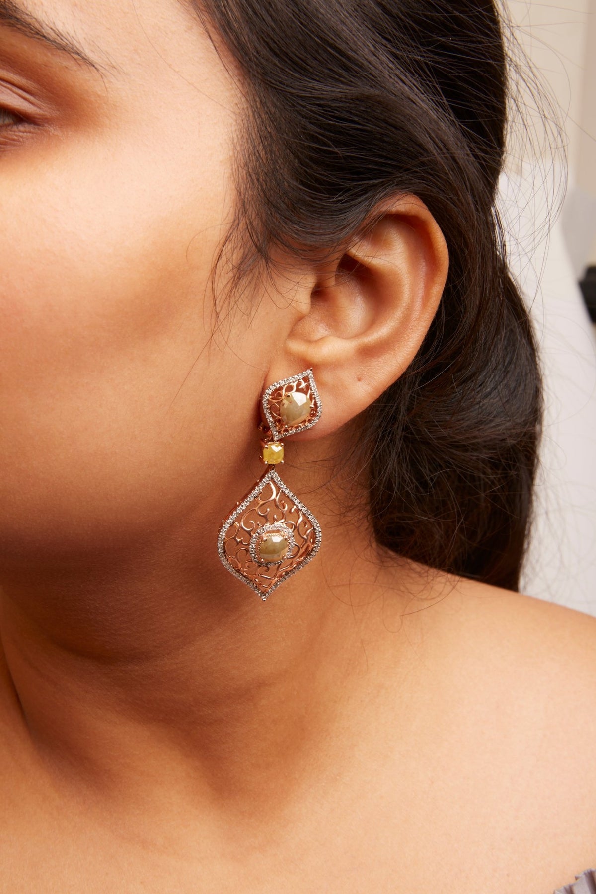 14K Rose Gold 6 7/8 Cttw Rose Cut Diamond Double Curve Rhombus Drop and Dangle Earring (Fancy Color, I2-I3 Clarity) - LinkagejewelrydesignLinkagejewelrydesign