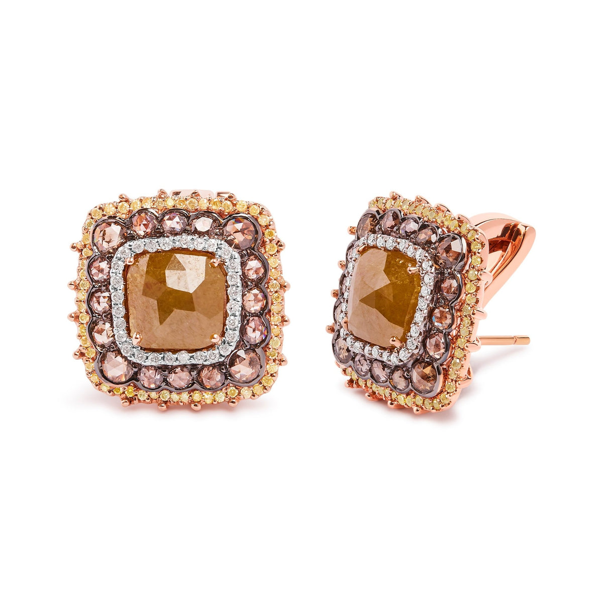 14K Rose Gold 6.00 Cttw Fancy Diamond Cushion Shaped Triple Halo Stud Earrings (Fancy Color, I2-I3 Clarity) - LinkagejewelrydesignLinkagejewelrydesign