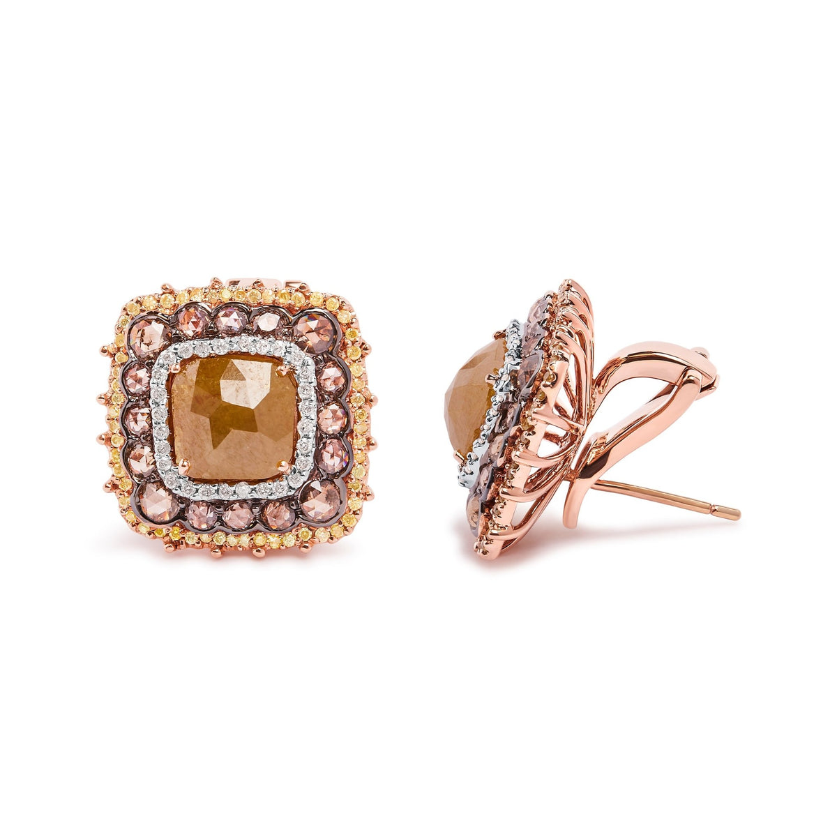 14K Rose Gold 6.00 Cttw Fancy Diamond Cushion Shaped Triple Halo Stud Earrings (Fancy Color, I2-I3 Clarity) - LinkagejewelrydesignLinkagejewelrydesign