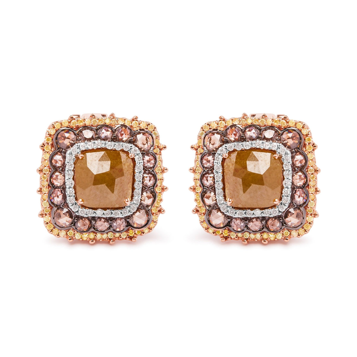 14K Rose Gold 6.00 Cttw Fancy Diamond Cushion Shaped Triple Halo Stud Earrings (Fancy Color, I2-I3 Clarity) - LinkagejewelrydesignLinkagejewelrydesign