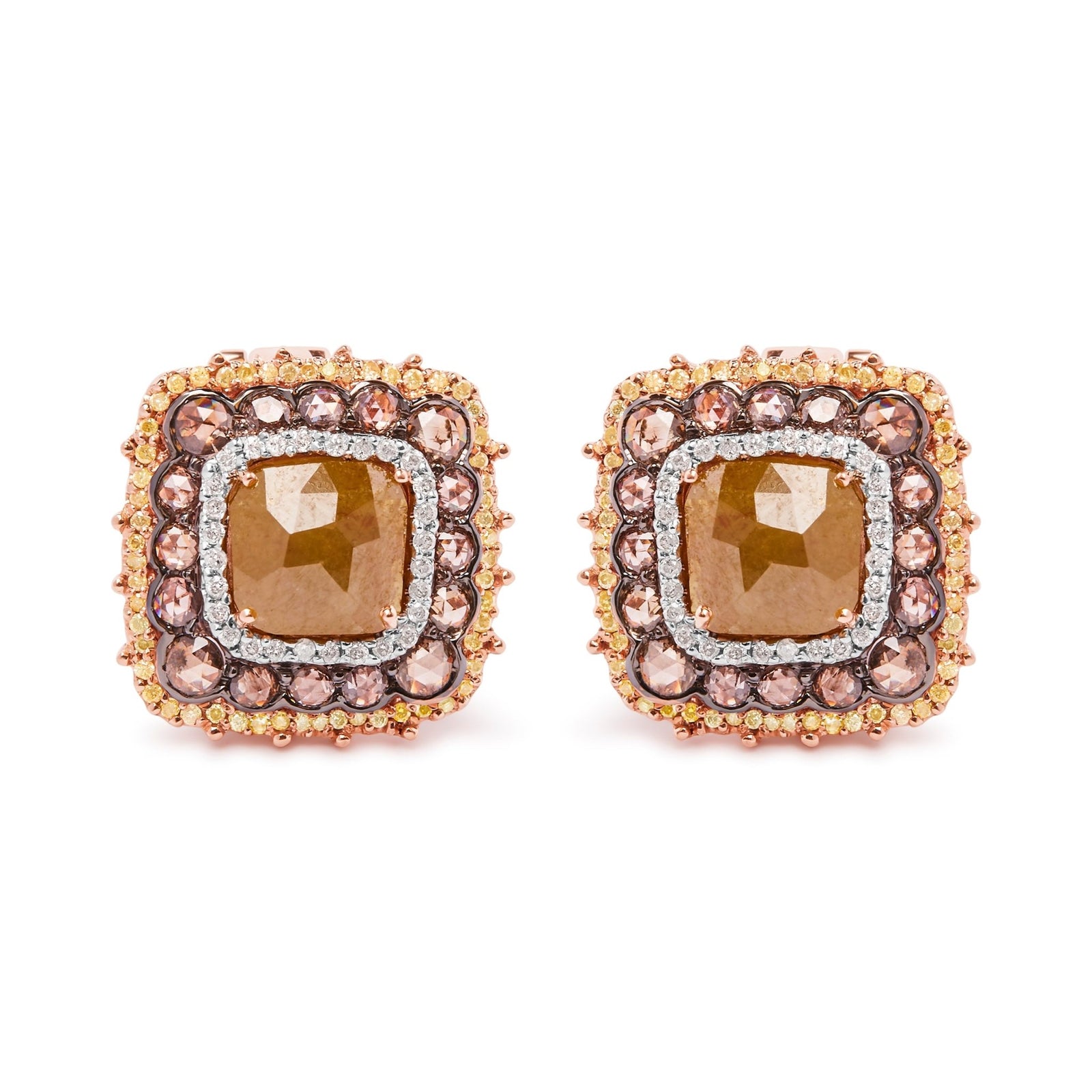 14K Rose Gold 6.00 Cttw Fancy Diamond Cushion Shaped Triple Halo Stud Earrings (Fancy Color, I2-I3 Clarity) - LinkagejewelrydesignLinkagejewelrydesign
