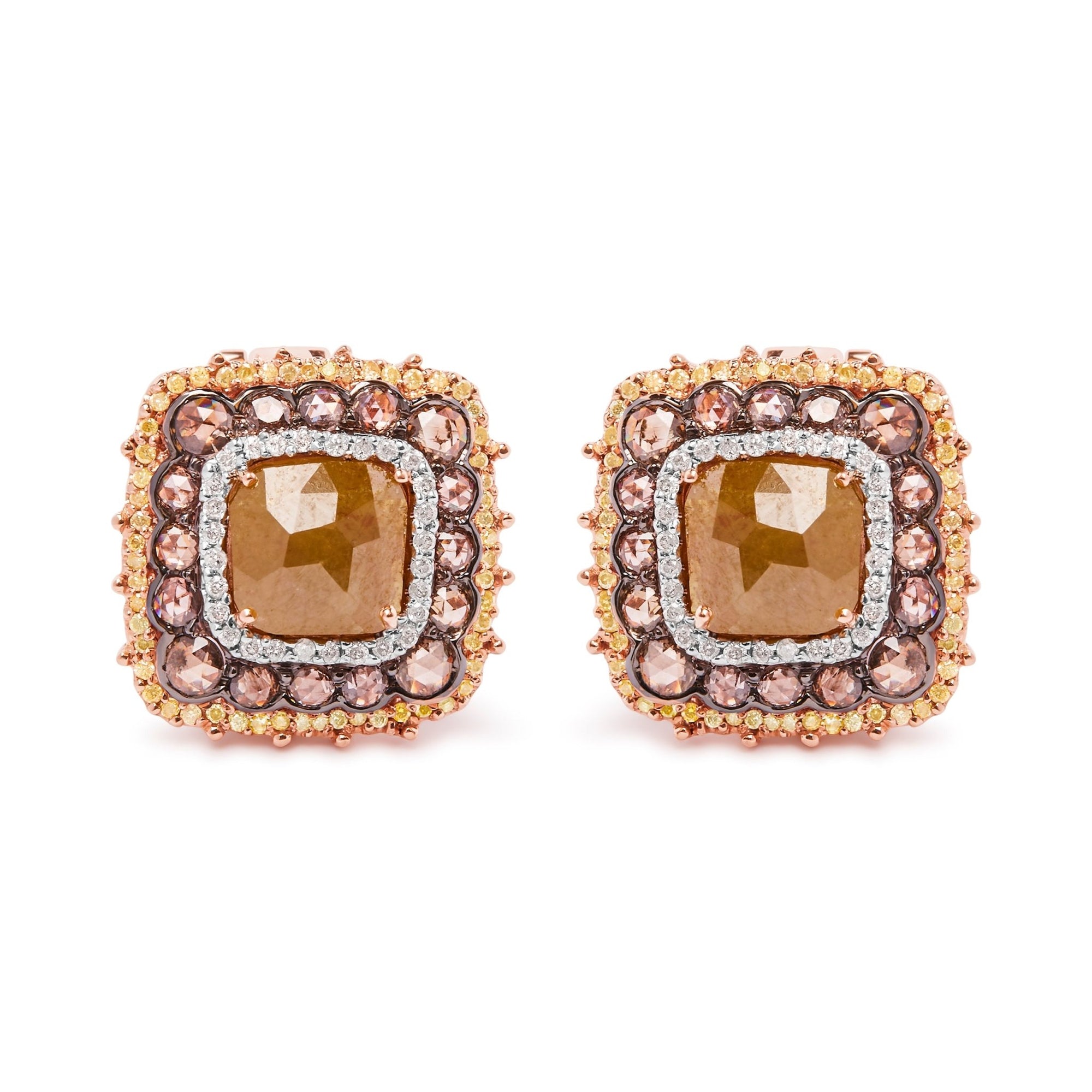 14K Rose Gold 6.00 Cttw Fancy Diamond Cushion Shaped Triple Halo Stud Earrings (Fancy Color, I2-I3 Clarity) - LinkagejewelrydesignLinkagejewelrydesign