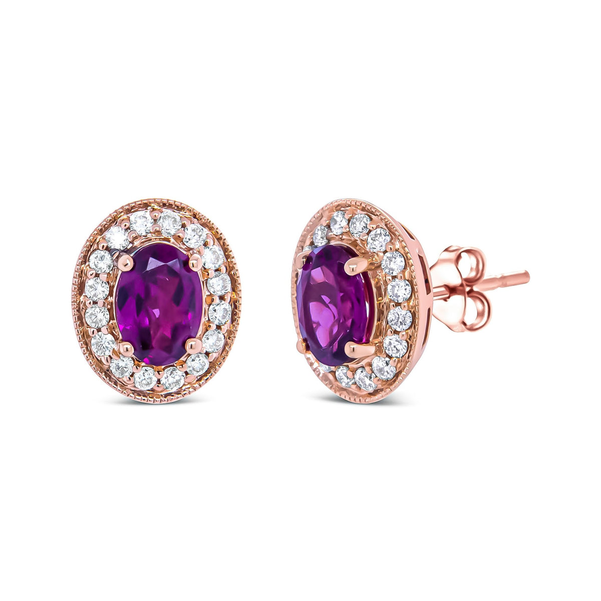 14K Rose Gold 7x5mm Oval Cut Garnet and 3/8 Cttw Round Diamond Halo Stud Earrings (G-H Color, SI1-SI2 Clarity) - LinkagejewelrydesignLinkagejewelrydesign
