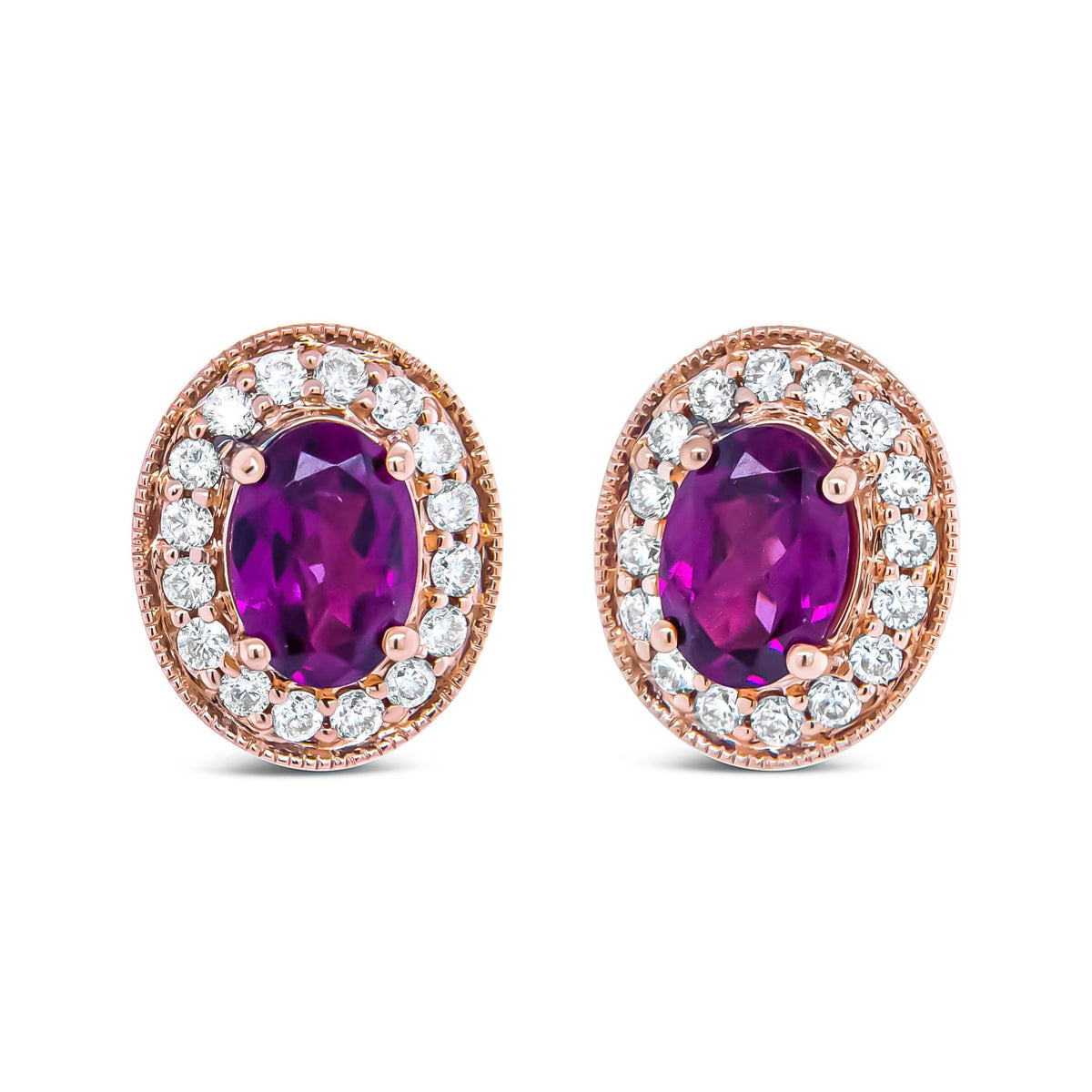 14K Rose Gold 7x5mm Oval Cut Garnet and 3/8 Cttw Round Diamond Halo Stud Earrings (G-H Color, SI1-SI2 Clarity) - LinkagejewelrydesignLinkagejewelrydesign