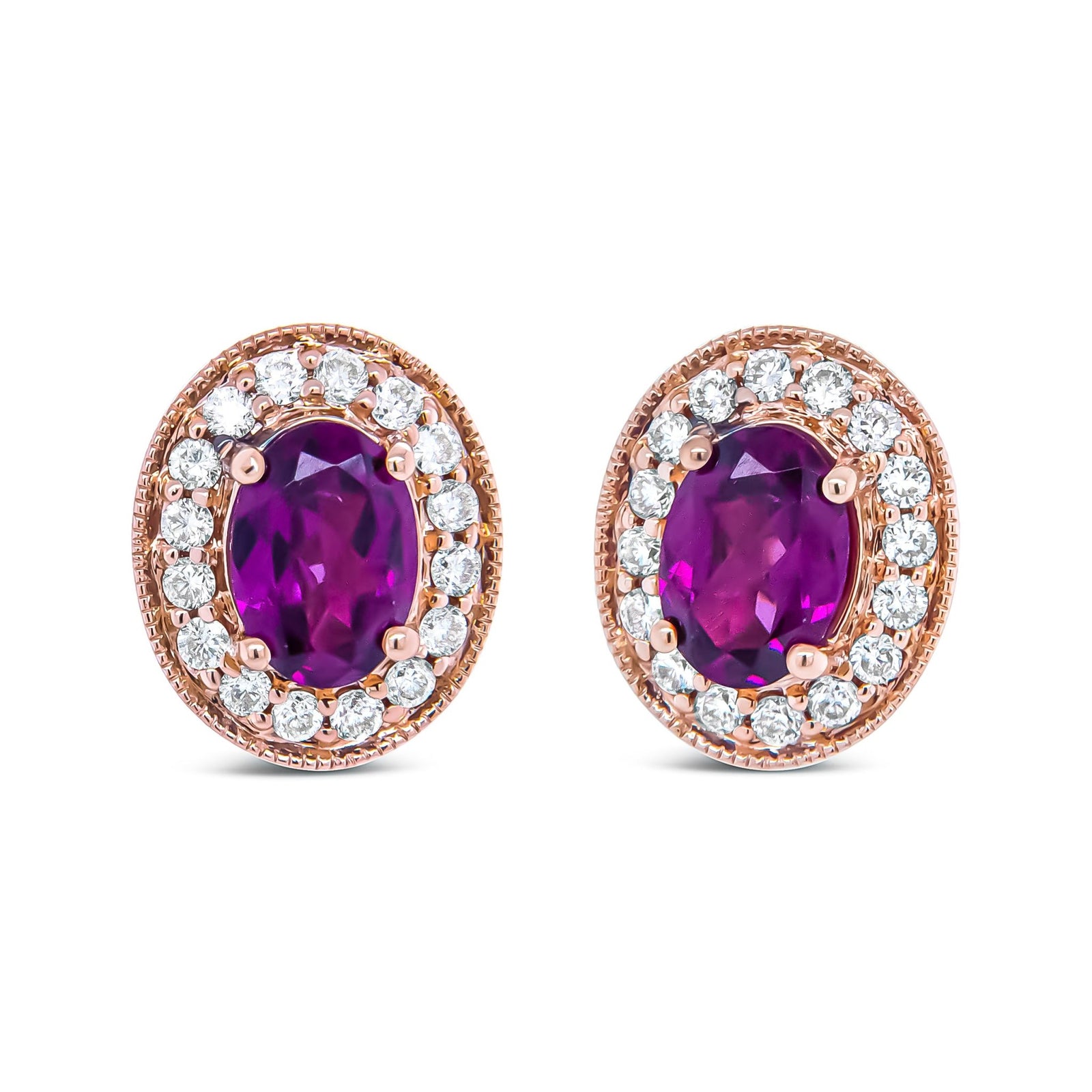 14K Rose Gold 7x5mm Oval Cut Garnet and 3/8 Cttw Round Diamond Halo Stud Earrings (G-H Color, SI1-SI2 Clarity) - LinkagejewelrydesignLinkagejewelrydesign