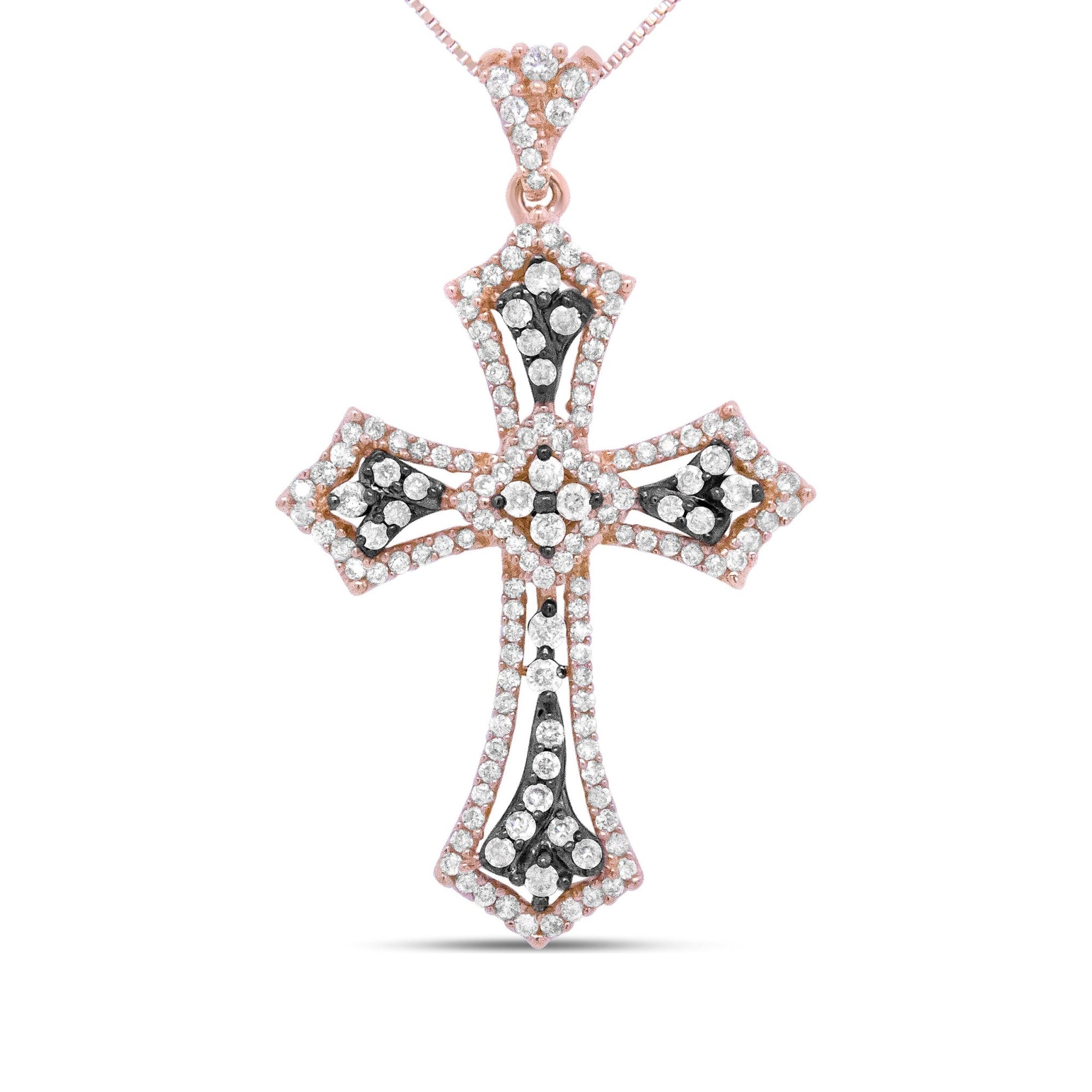 14K Rose Gold and Black Rhodium 1.0 Cttw Diamond Ornate Vintage St. James Budded Cross Pendant 18" Necklace - (Brown/H-I Color, SI1-SI2 Clarity) - LinkagejewelrydesignLinkagejewelrydesign