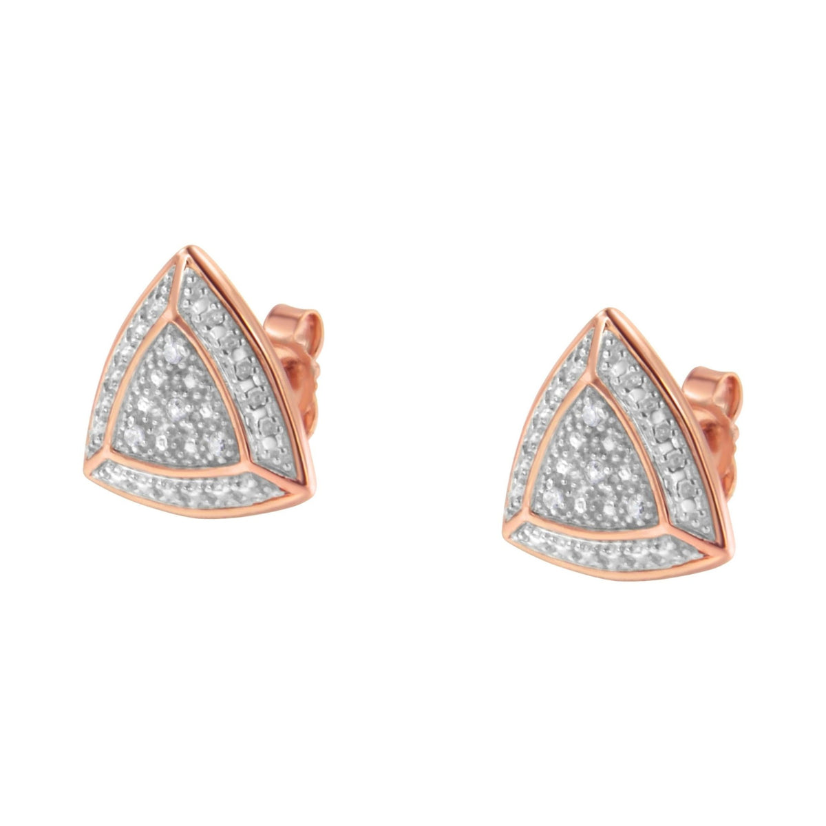 14K Rose Gold over .925 Sterling Silver Diamond-Accented Trillion Shaped 4-Stone Halo-Style Stud Earrings (H-I Color, I2-I3 Clarity) - LinkagejewelrydesignLinkagejewelrydesign