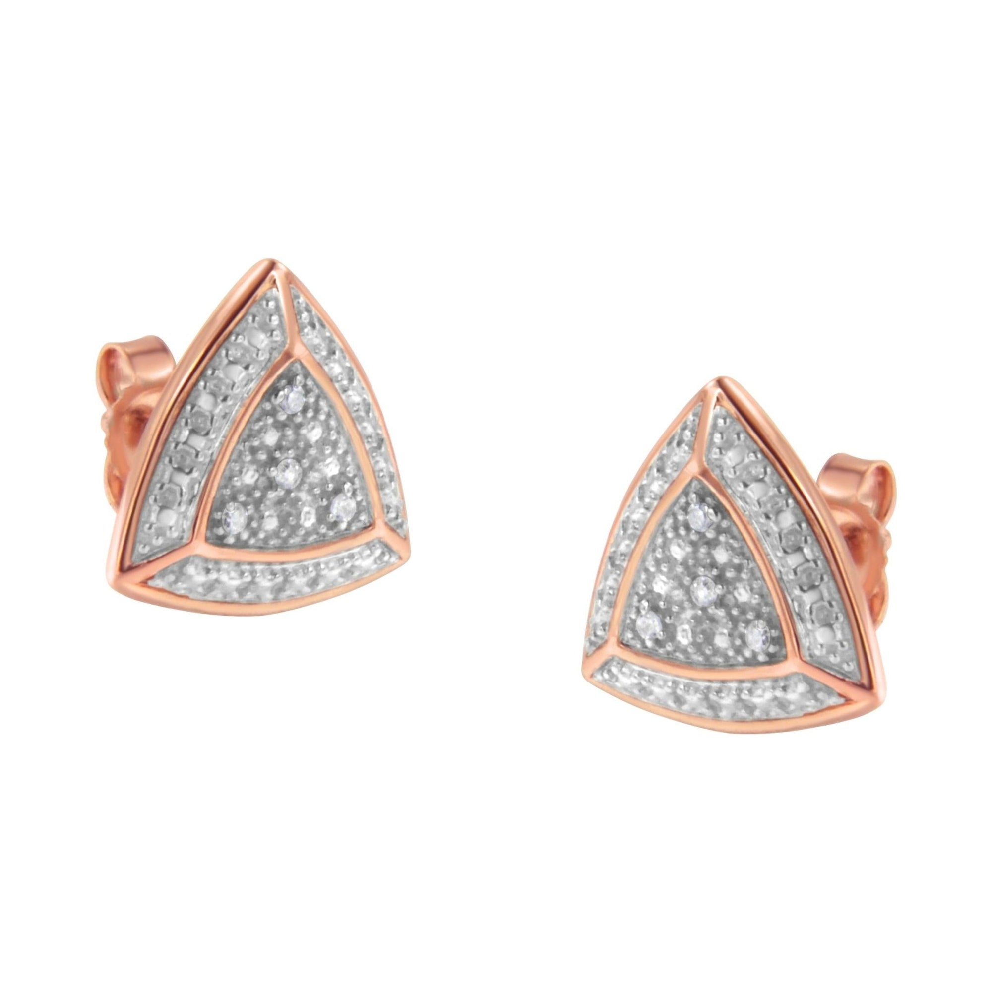14K Rose Gold over .925 Sterling Silver Diamond-Accented Trillion Shaped 4-Stone Halo-Style Stud Earrings (H-I Color, I2-I3 Clarity) - LinkagejewelrydesignLinkagejewelrydesign