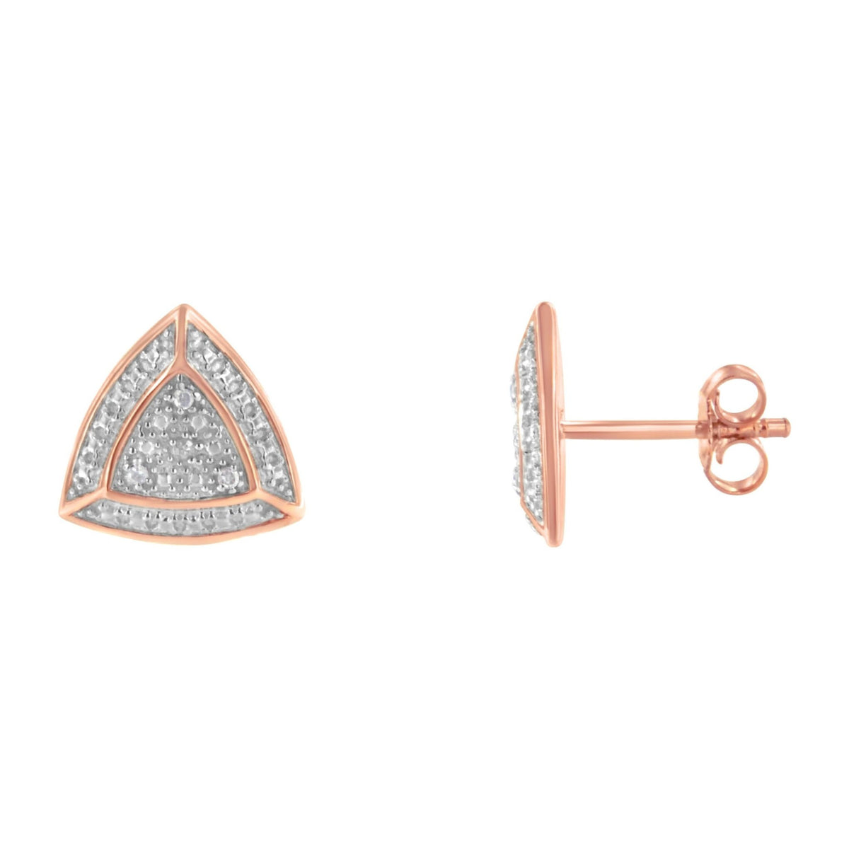 14K Rose Gold over .925 Sterling Silver Diamond-Accented Trillion Shaped 4-Stone Halo-Style Stud Earrings (H-I Color, I2-I3 Clarity) - LinkagejewelrydesignLinkagejewelrydesign