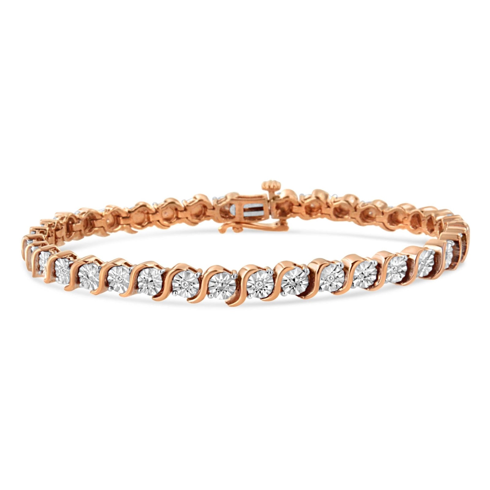 14K Rose Gold Plated .925 Sterling Silver 1/10 Cttw Diamond Round Miracle Plate and "S" Link Tennis Bracelet (I-J Color, I2- I3 Clarity) - 7" - LinkagejewelrydesignLinkagejewelrydesign