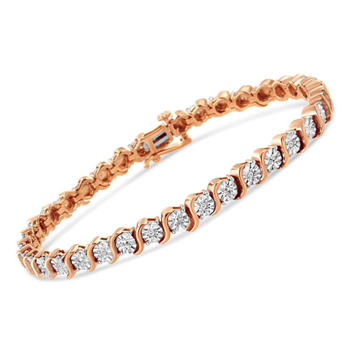14K Rose Gold Plated .925 Sterling Silver 1/10 Cttw Diamond Round Miracle Plate and &quot;S&quot; Link Tennis Bracelet (I-J Color, I2- I3 Clarity) - 7&quot; - LinkagejewelrydesignLinkagejewelrydesign
