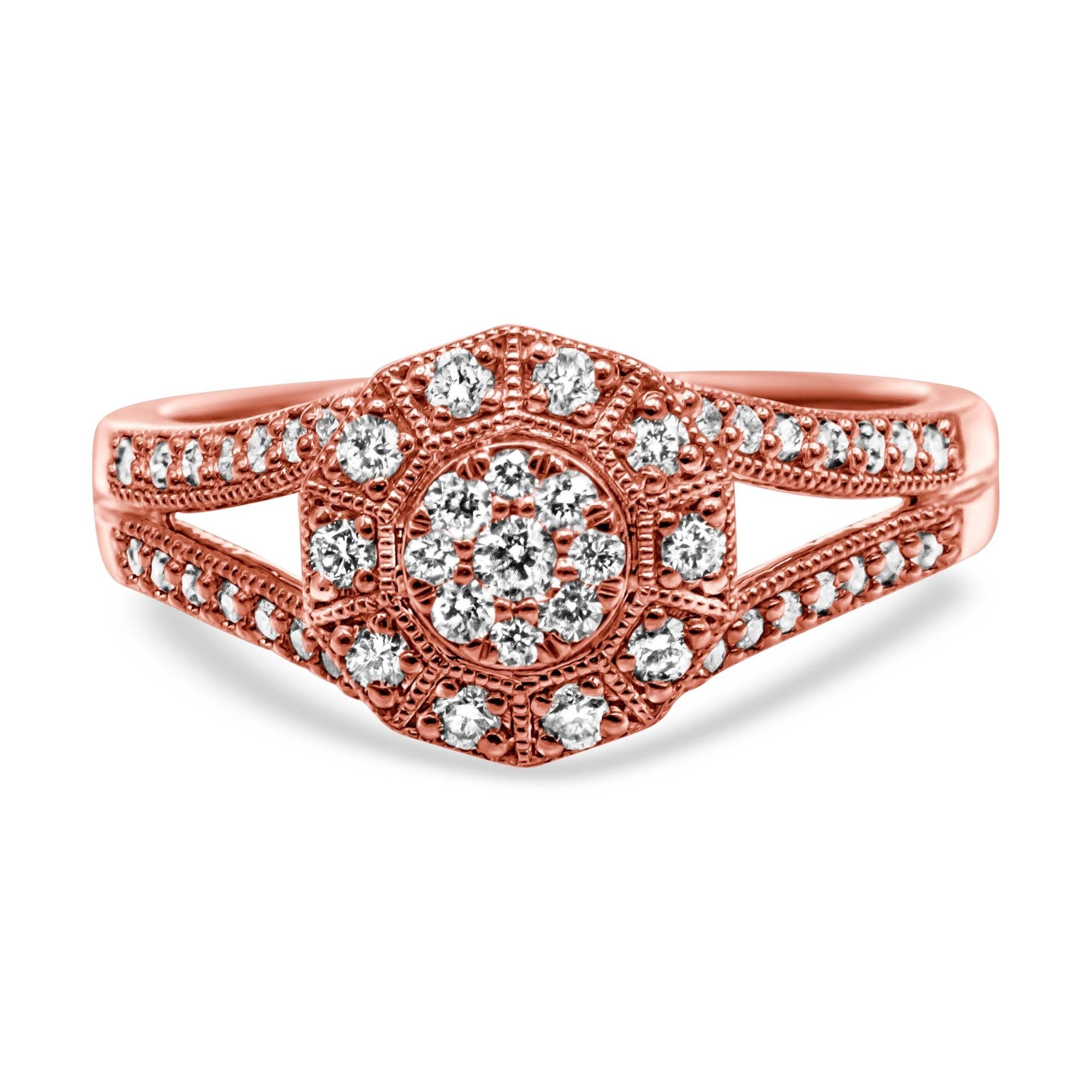 14K Rose Gold Plated .925 Sterling Silver 1/2 Cttw Pave Diamond Halo Cluster Split Shank Cocktail Ring (I-J Color, I1-I2 Clarity) - Size 6 - LinkagejewelrydesignLinkagejewelrydesign