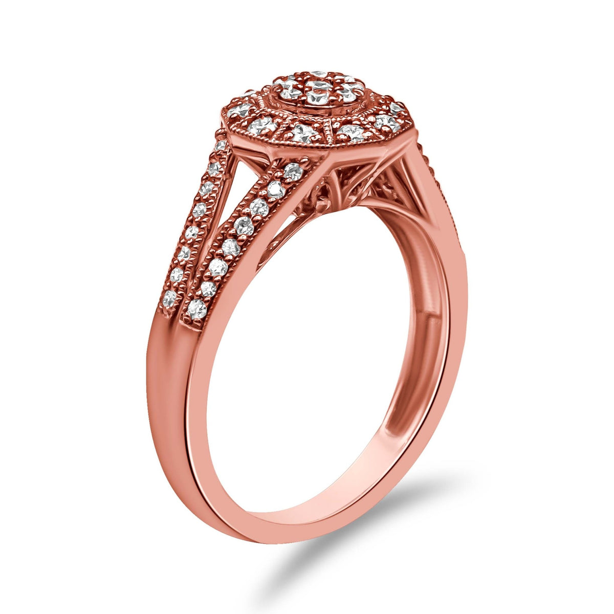 14K Rose Gold Plated .925 Sterling Silver 1/2 Cttw Pave Diamond Halo Cluster Split Shank Cocktail Ring (I-J Color, I1-I2 Clarity) - Size 6 - LinkagejewelrydesignLinkagejewelrydesign