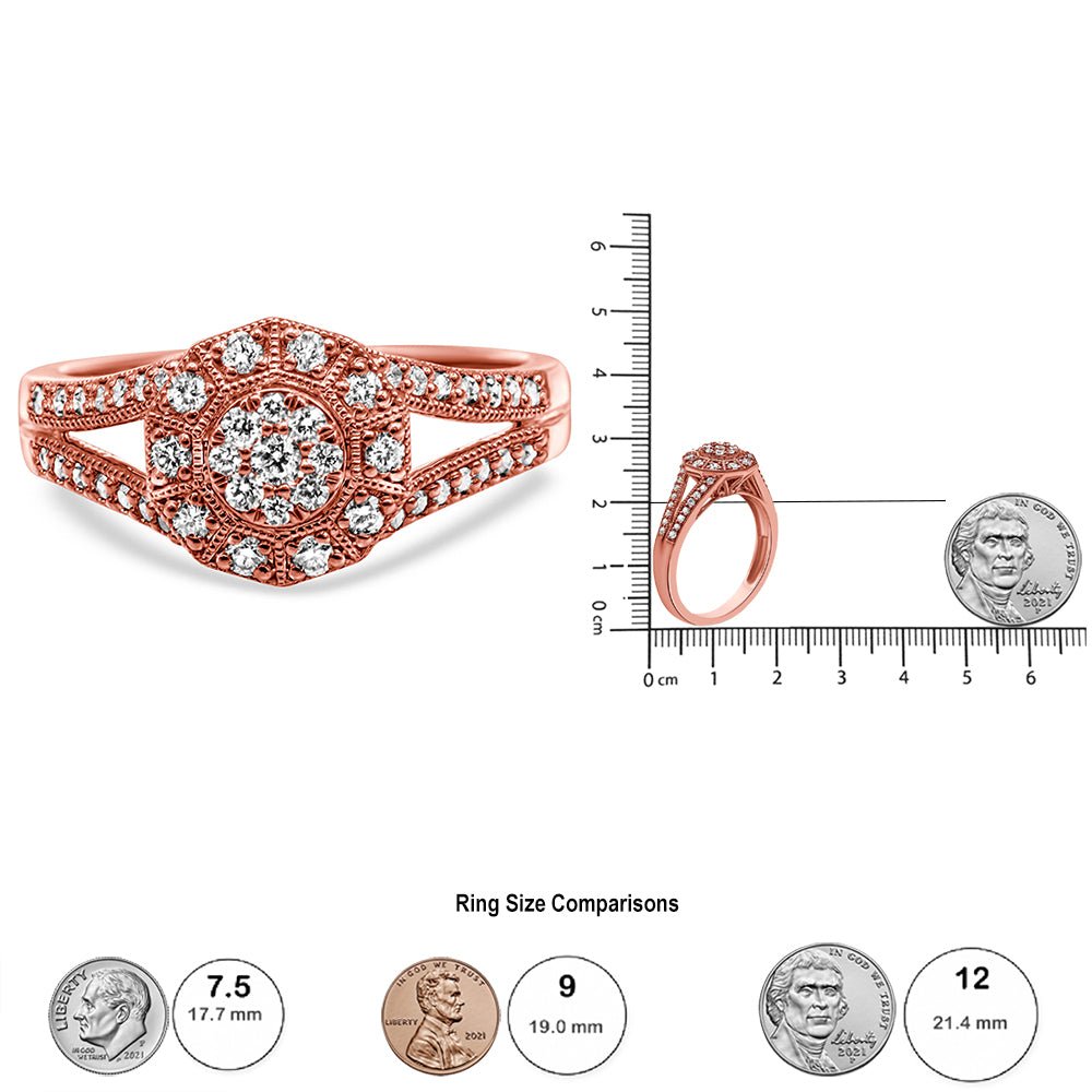 14K Rose Gold Plated .925 Sterling Silver 1/2 Cttw Pave Diamond Halo Cluster Split Shank Cocktail Ring (I-J Color, I1-I2 Clarity) - Size 6 - LinkagejewelrydesignLinkagejewelrydesign