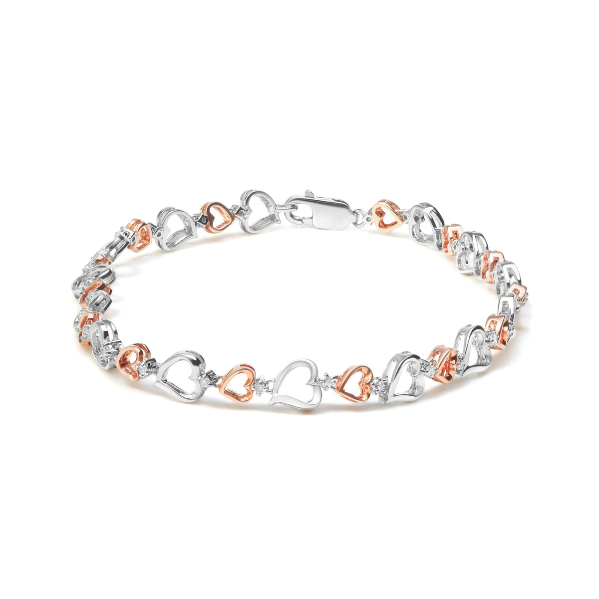 14K Rose Gold Plated .925 Sterling Silver 1/4 Cttw Diamond Heart Link Bracelet (I-J Color, I2-I3 Clarity) - Size 7&quot; Inches - LinkagejewelrydesignLinkagejewelrydesign