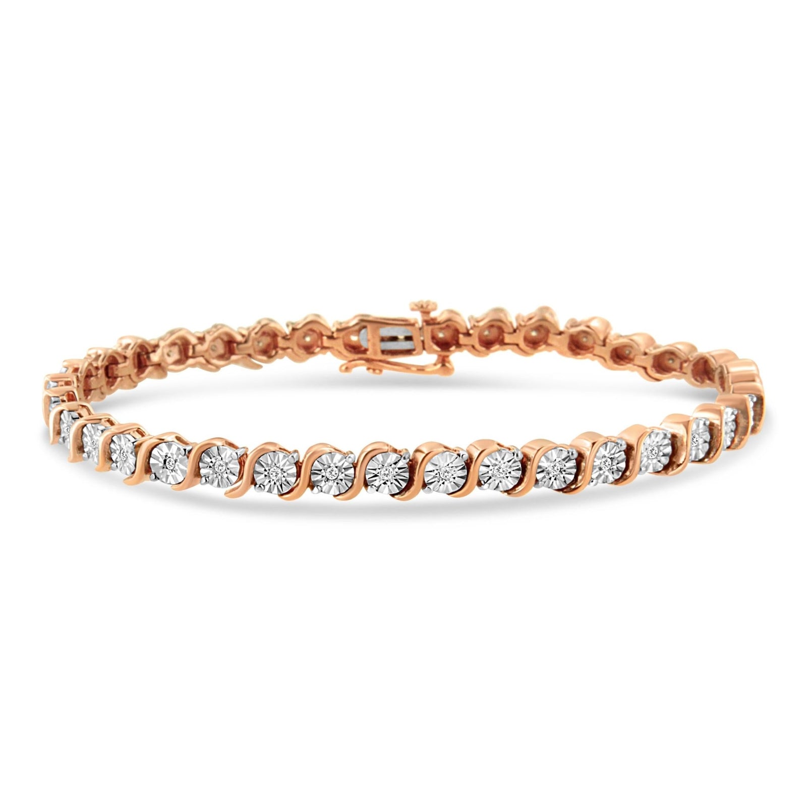 14K Rose Gold Plated .925 Sterling Silver 1/4 Cttw Diamond Round Miracle Plate and "S" Link Tennis Bracelet (I-J Color, I2- I3 Clarity) - 7" - LinkagejewelrydesignLinkagejewelrydesign