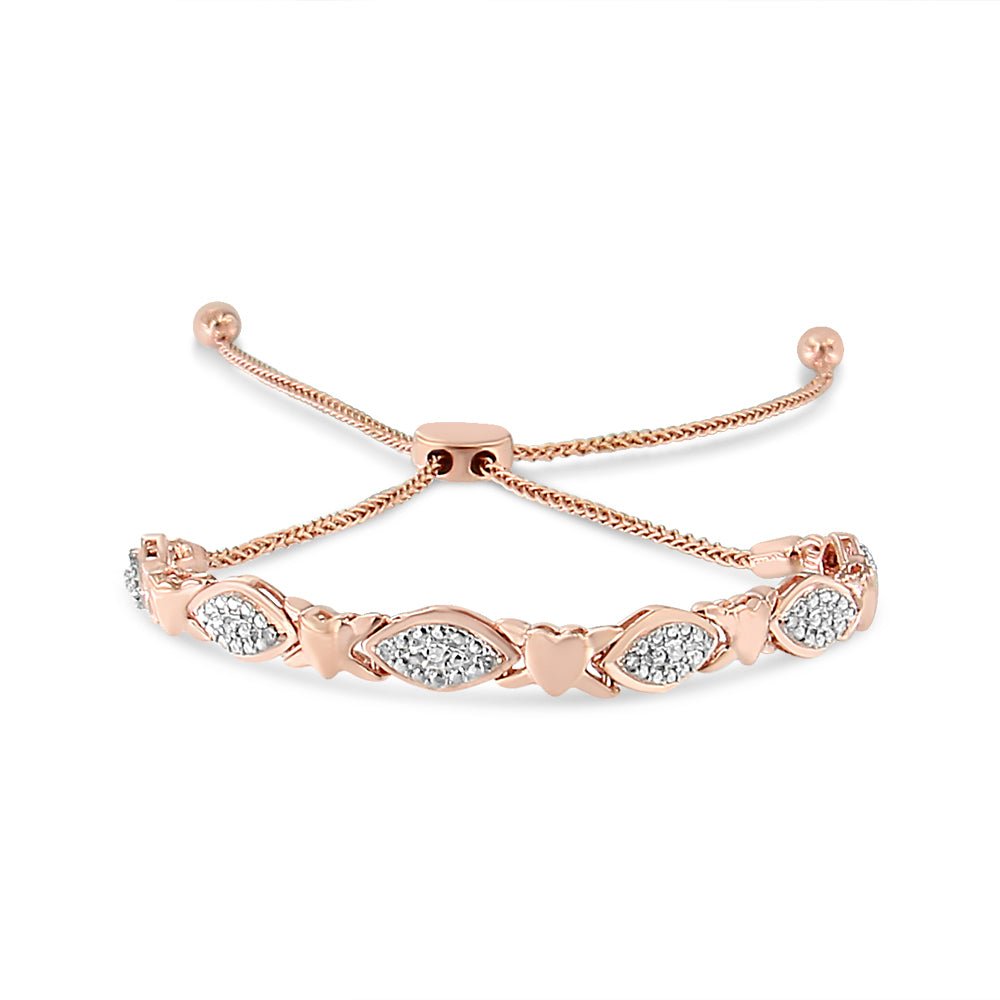 14K Rose Gold Plated .925 Sterling Silver Diamond Accent Alternating Marquise Shape and Heart Links Bolo Bracelet (I-J Color, I3 Clarity) - Adjustable 6" to 9" - LinkagejewelrydesignLinkagejewelrydesign