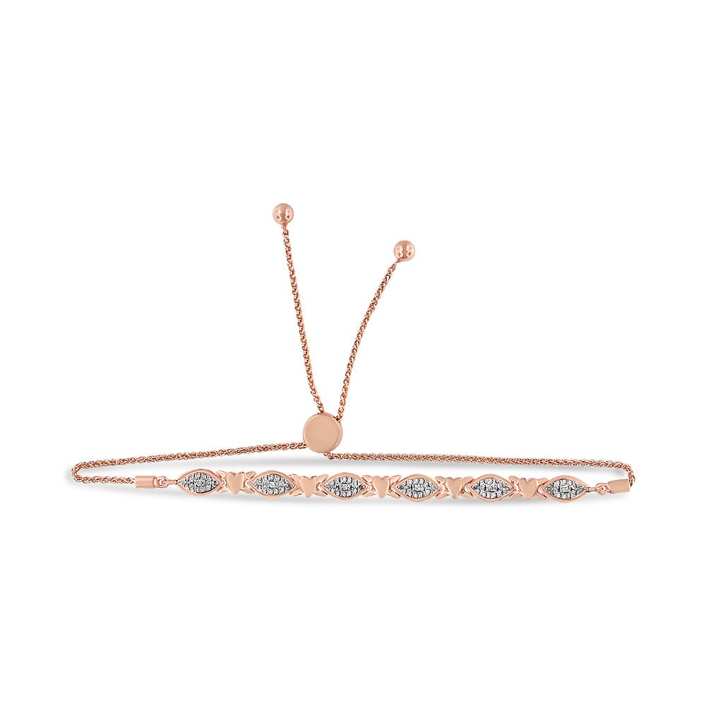 14K Rose Gold Plated .925 Sterling Silver Diamond Accent Alternating Marquise Shape and Heart Links Bolo Bracelet (I-J Color, I3 Clarity) - Adjustable 6&quot; to 9&quot; - LinkagejewelrydesignLinkagejewelrydesign