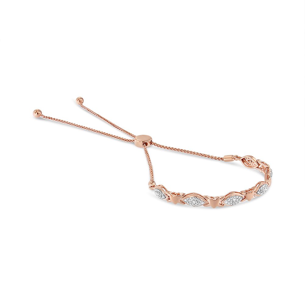 14K Rose Gold Plated .925 Sterling Silver Diamond Accent Alternating Marquise Shape and Heart Links Bolo Bracelet (I-J Color, I3 Clarity) - Adjustable 6&quot; to 9&quot; - LinkagejewelrydesignLinkagejewelrydesign