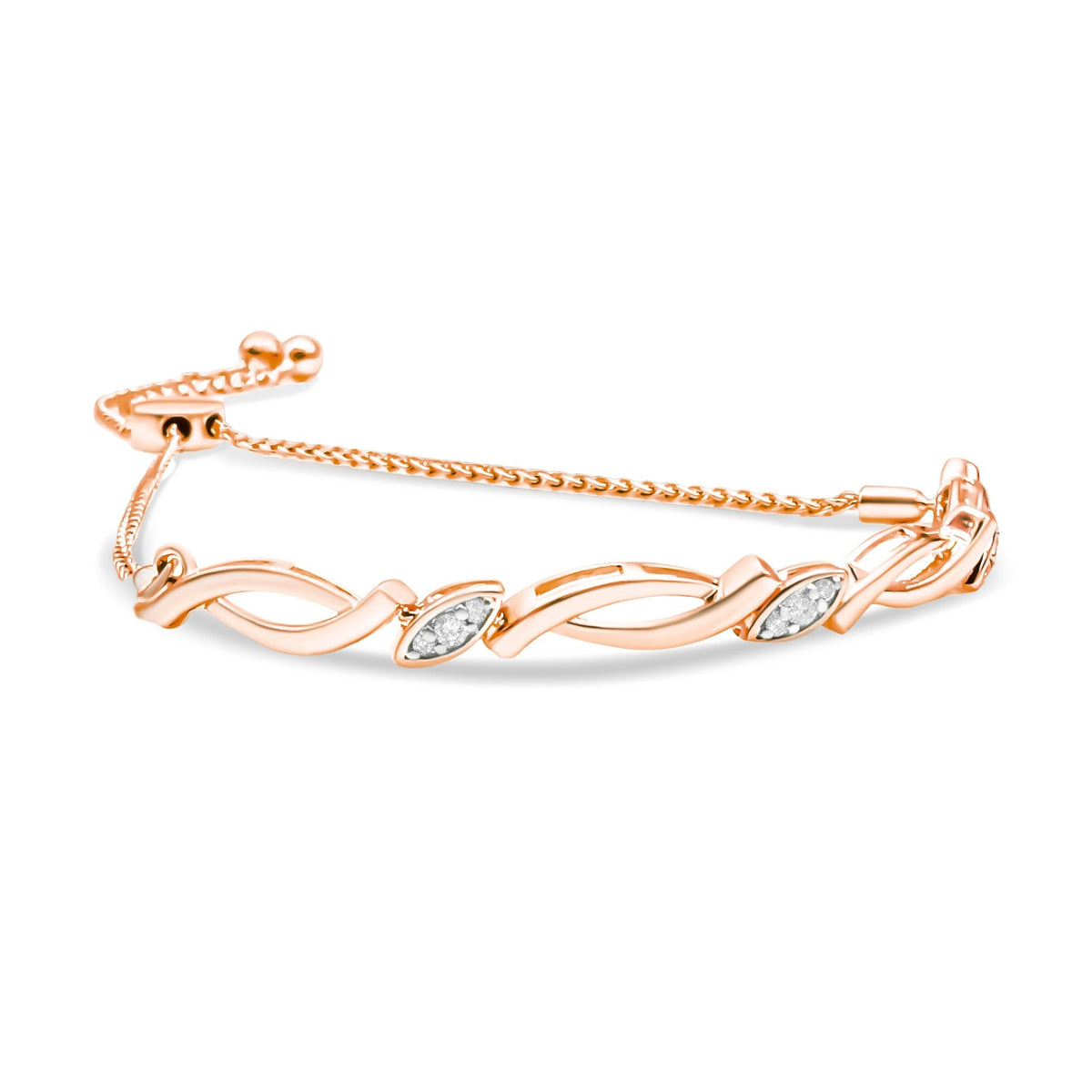 14K Rose Gold Plated .925 Sterling Silver Diamond Accent Alternating Swirl link Bolo Bracelet (I-J Color, I2-I3 Clarity) - 6&quot; to 9&quot; Adjustable - LinkagejewelrydesignLinkagejewelrydesign